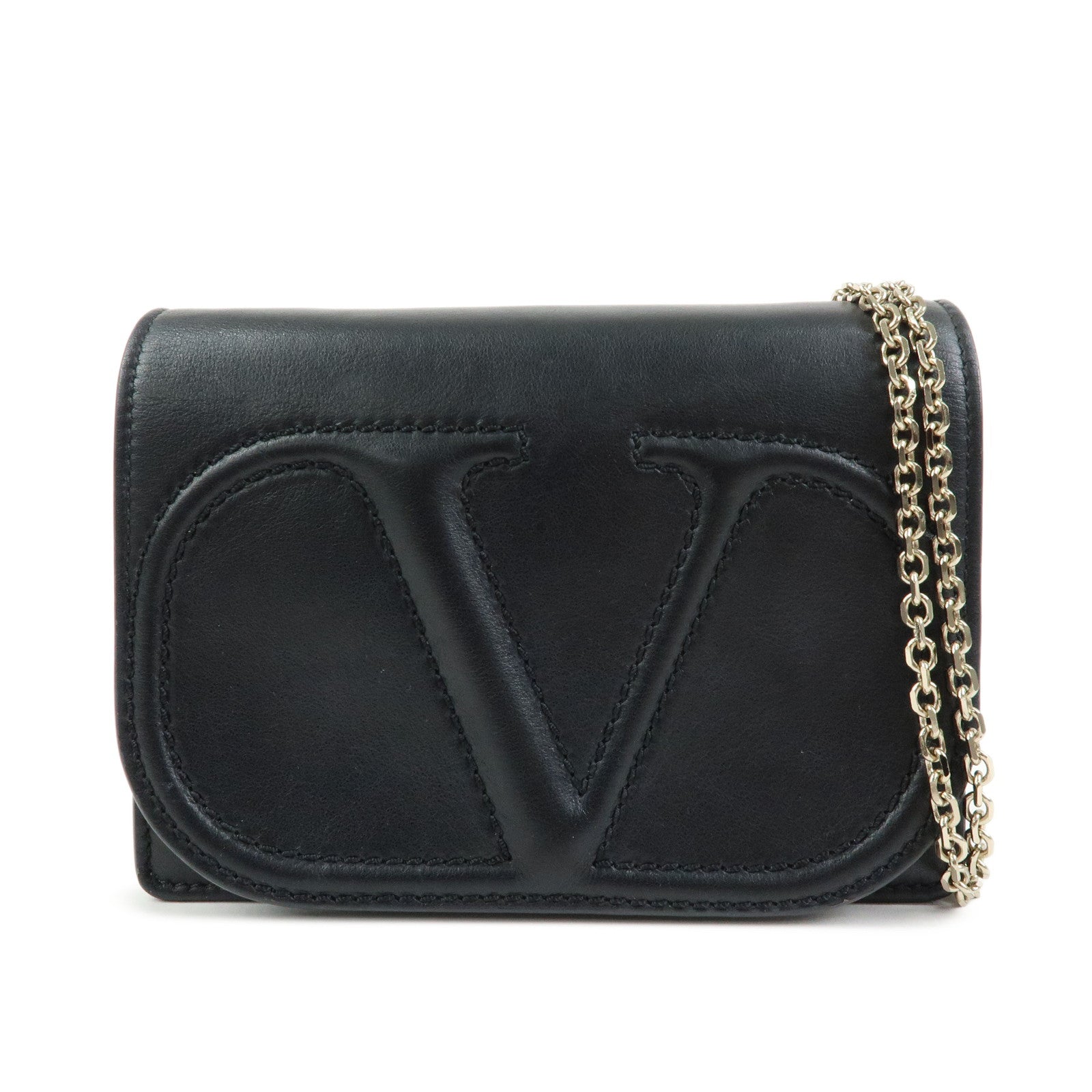 VALENTINO Garavani V Logo Walk Leather Chain Shoulder Hand Bag Black