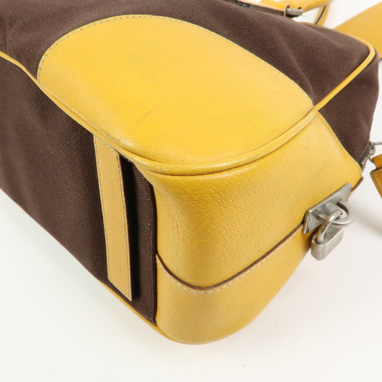 PRADA Triangle Logo Canvas Leather Boston Bag Brown Yellow B10813