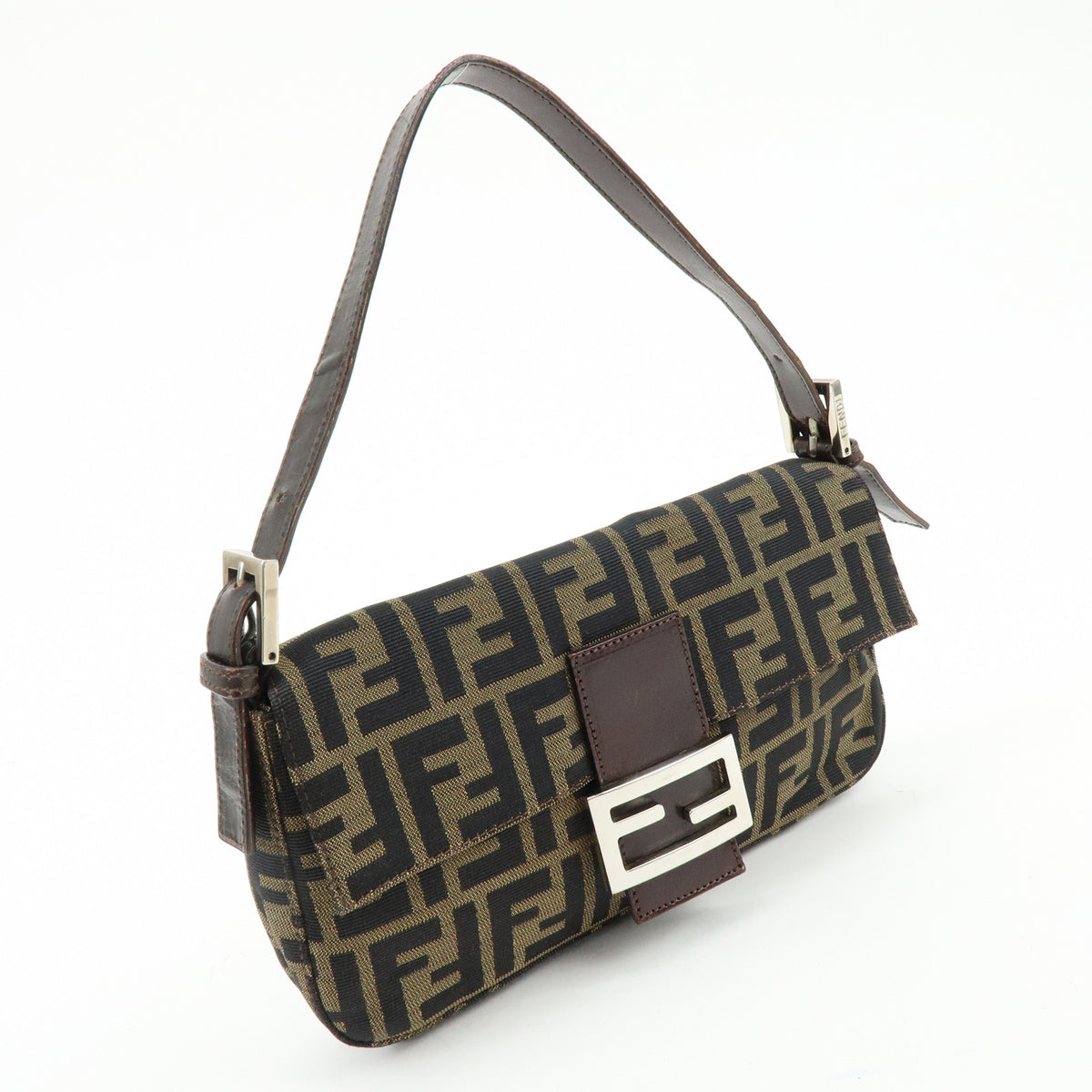 FENDI Mamma Baguette Jacquard Canvas Leather Shoulder Bag Brown 26424