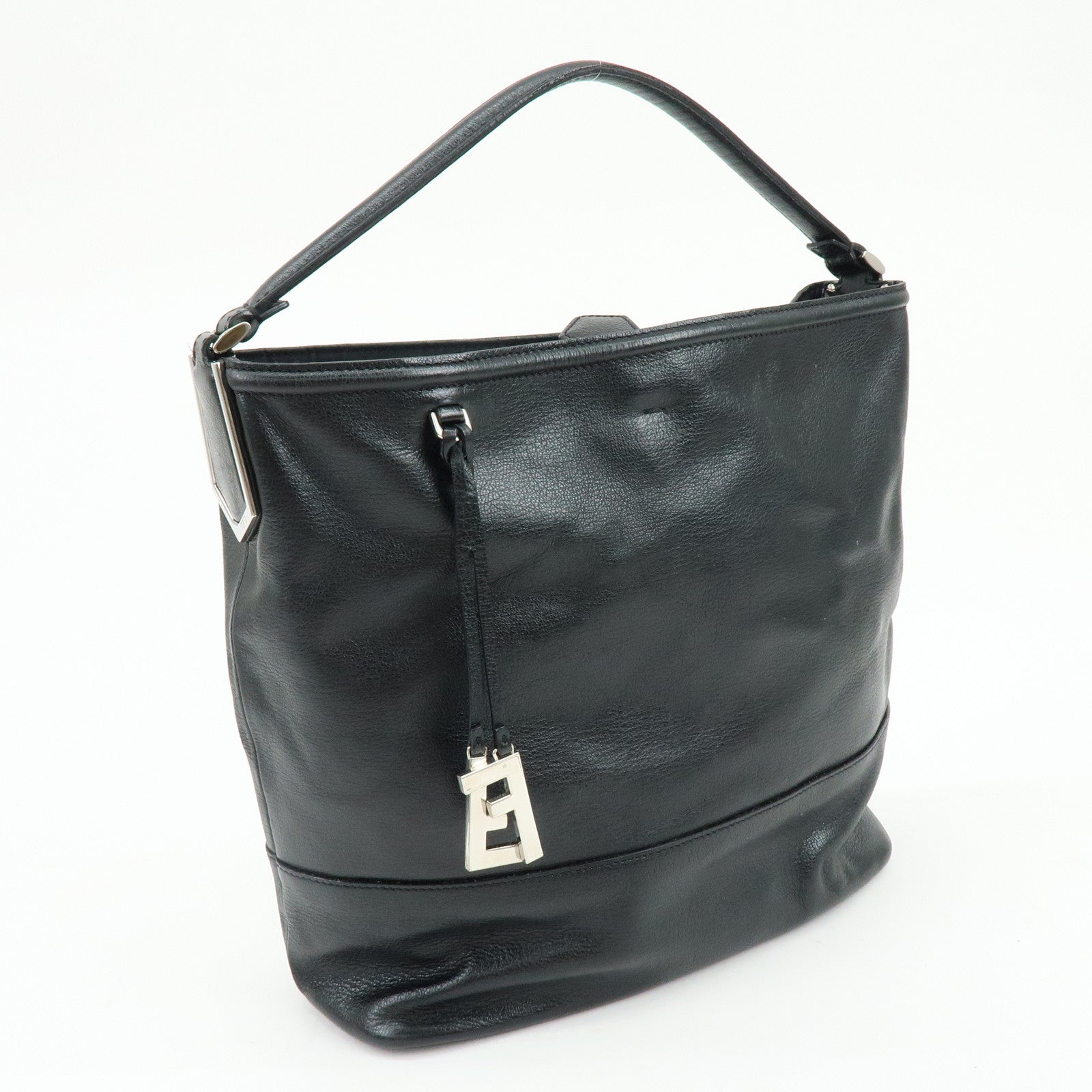 FENDI Leather Shoulder Bag Hand Bag Logo Charm Black 8BR697