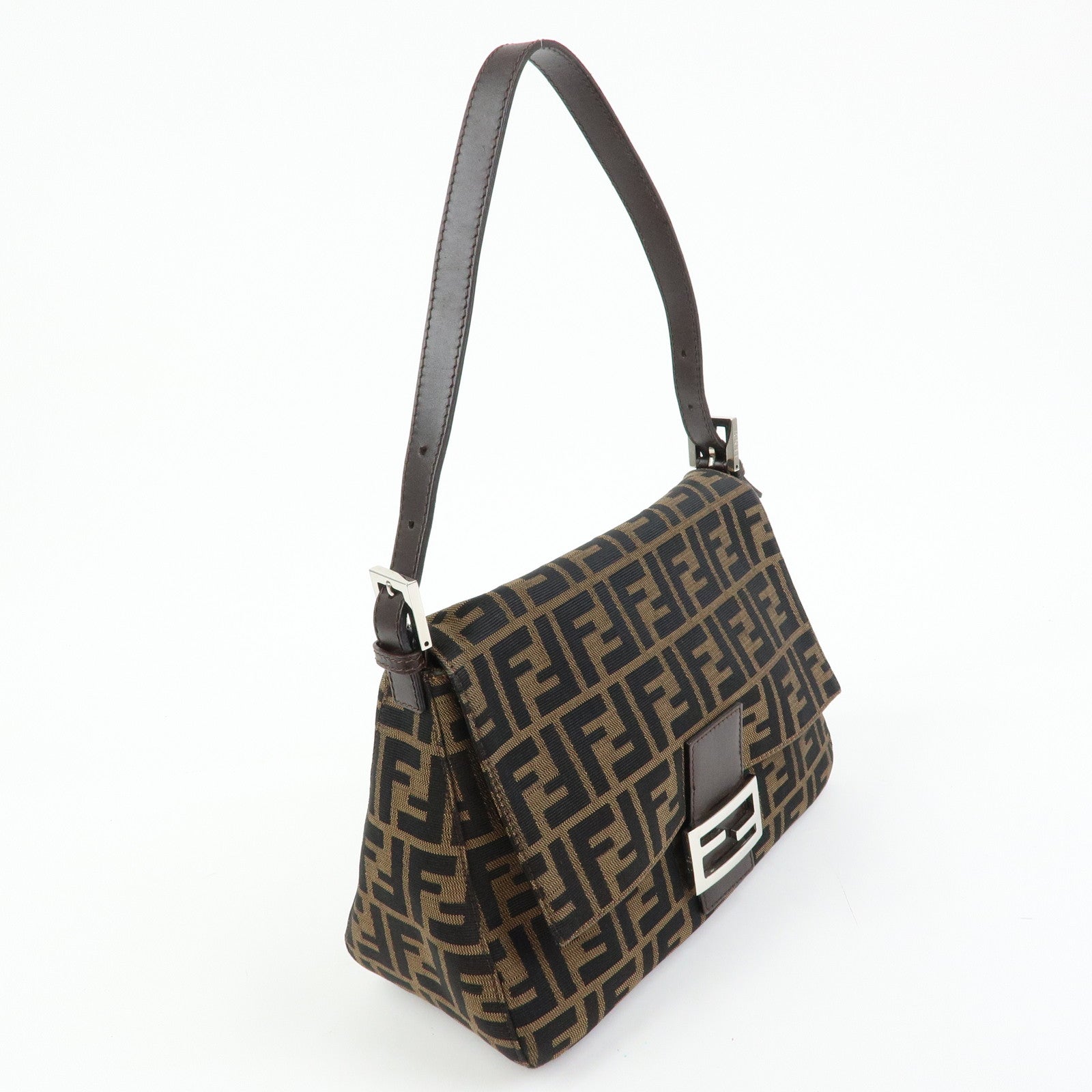 FENDI Mamma Baguette Zucca Canvas Leather Shoulder Bag Brown 26325