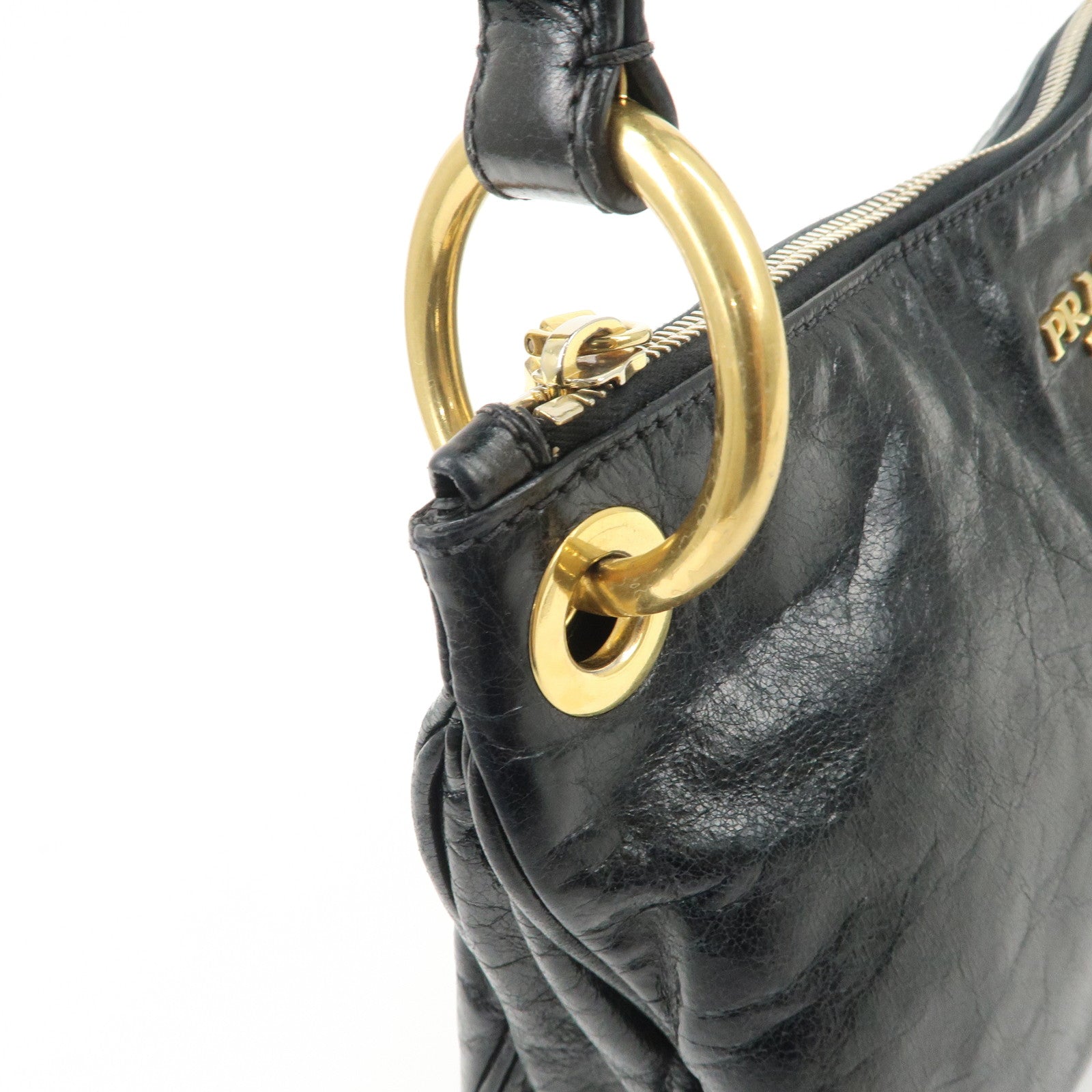 PRADA Logo Leather Shoulder Bag Hand Bag Gold Hardware Black Used