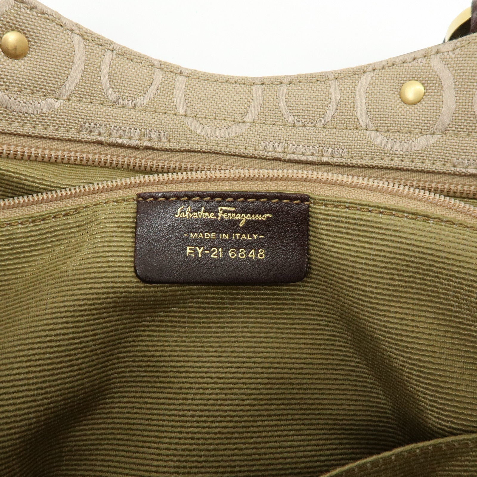 Ferragamo Gancini Canvas Leather Tote Bag Hand Bag Beige Brown