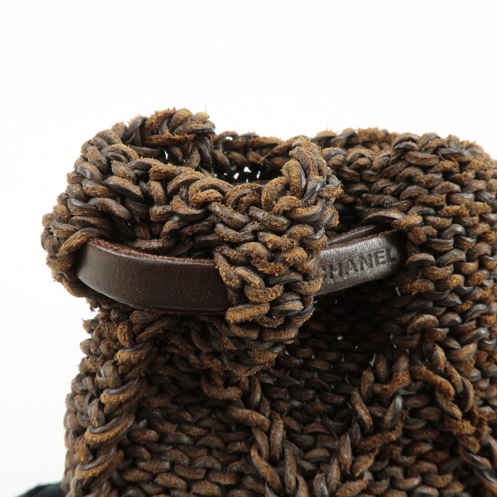 CHANEL Braided Leather Drawstring Shoulder Bag Brown