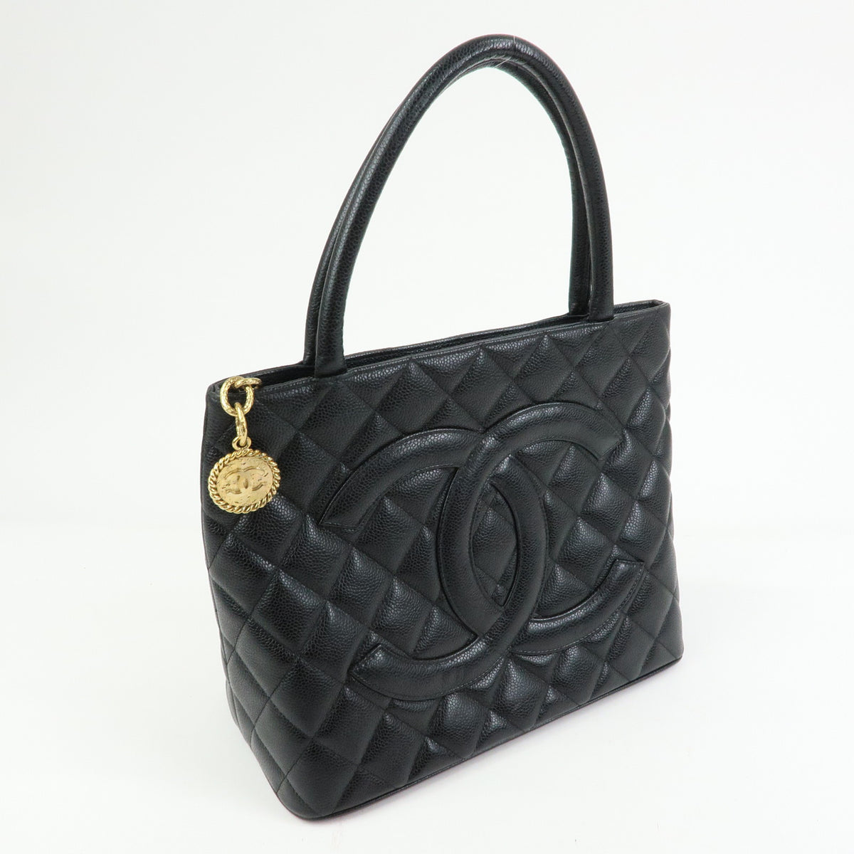 CHANEL Matelasse COCO Mark Caviarskin Medallion Tote Bag Black A01804