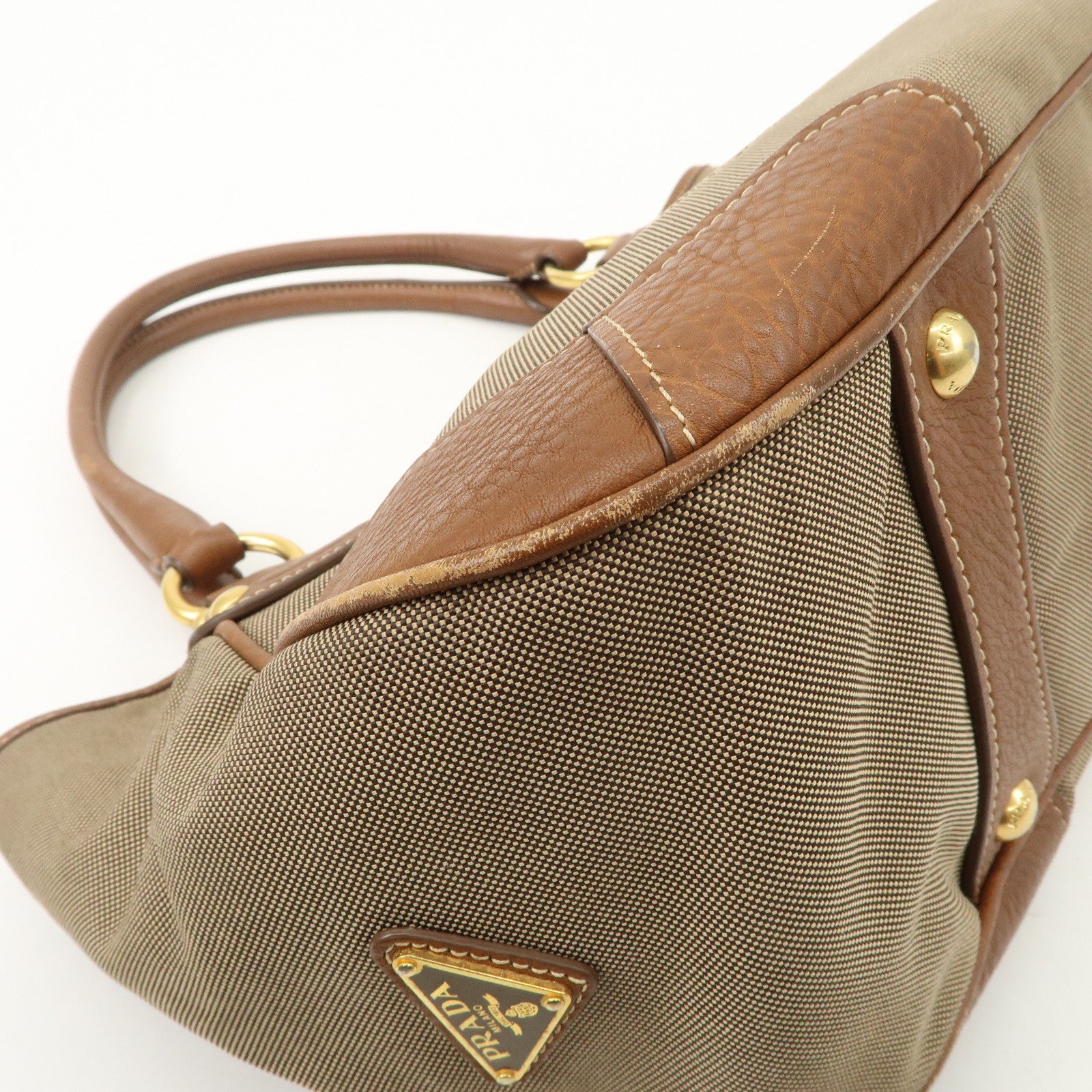 PRADA Logo Jacquard Leather Tote Bag Hand Bag Brown BR4635 Used