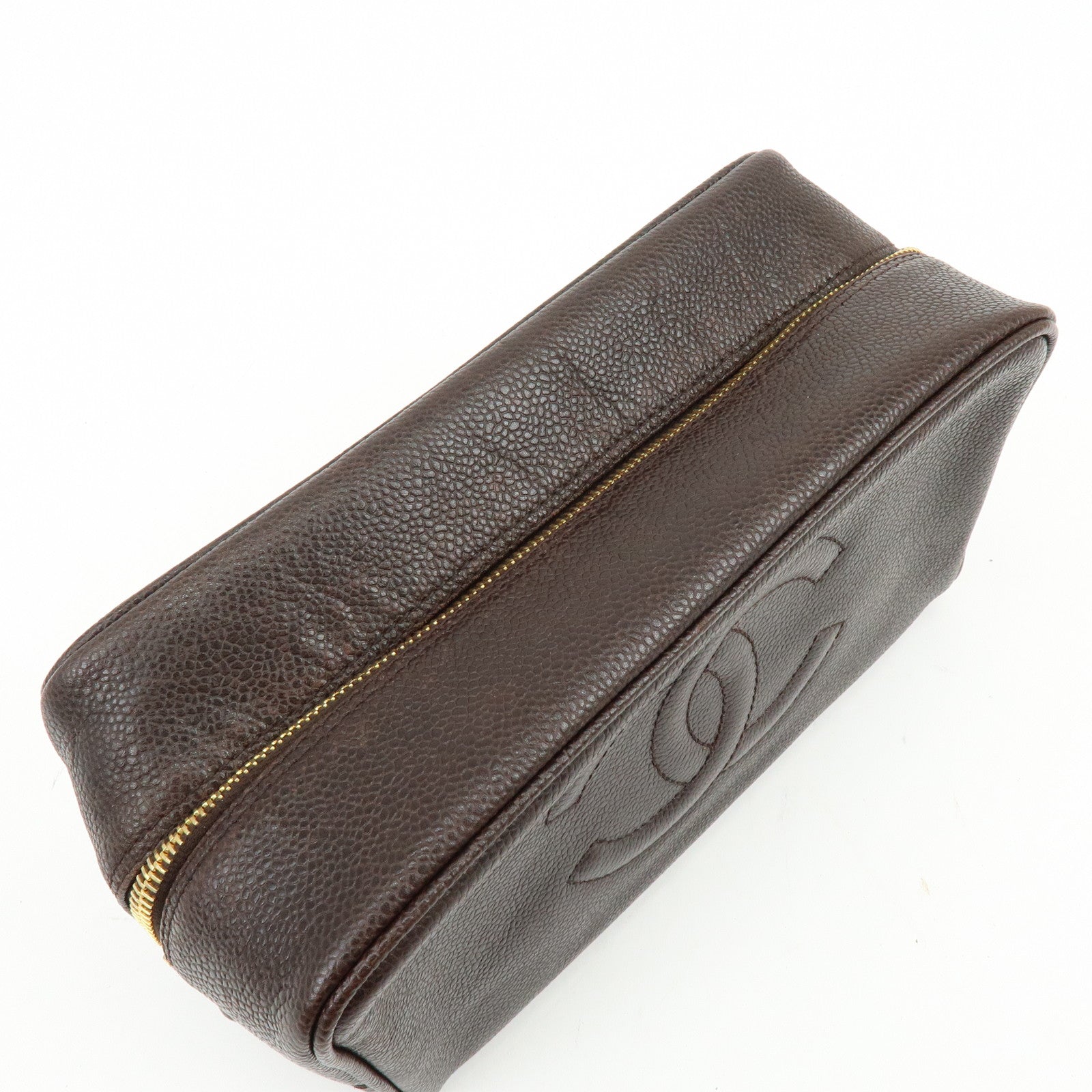 CHANEL COCO Mark Caviarskin Pouch Cosmetic Pouch Dark Brown A01996