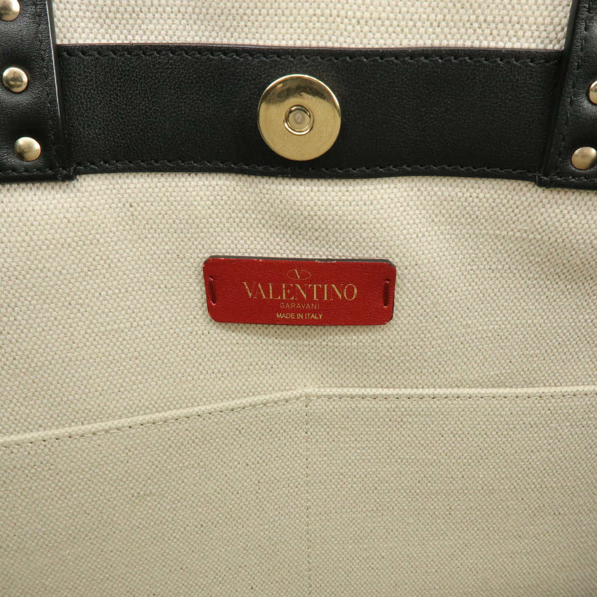 VALENTINO VLTN Rockstud Canvas Leather Tote Bag Hand Bag White Black