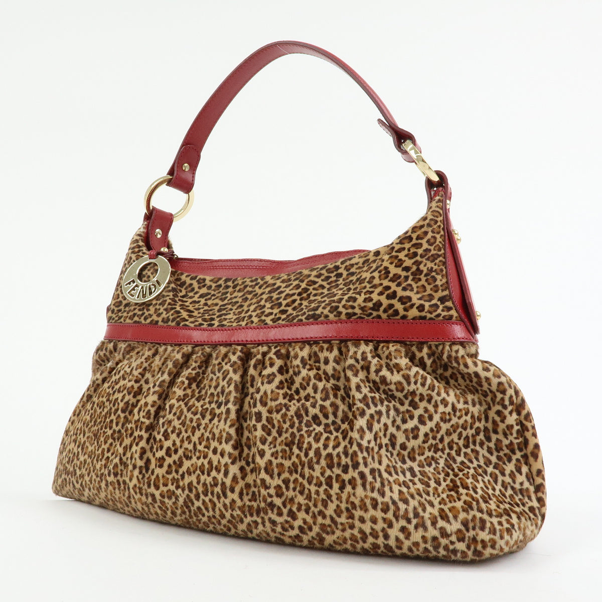 FENDI Pony Hair Leather Leopard Shoulder Bag Hand Bag Brown Red 8BR448