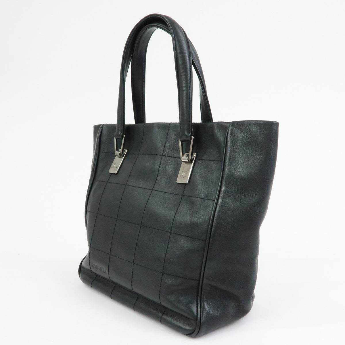 CHANEL Chocolate Bar COCO Mark Lamb Skin Hand Bag Tote Bag Black