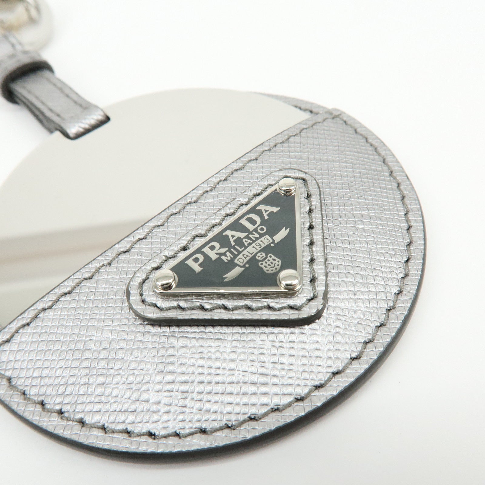 PRADA Triangle Logo Saffiano Leather Bag Charm Key Holder Silver 1TL489