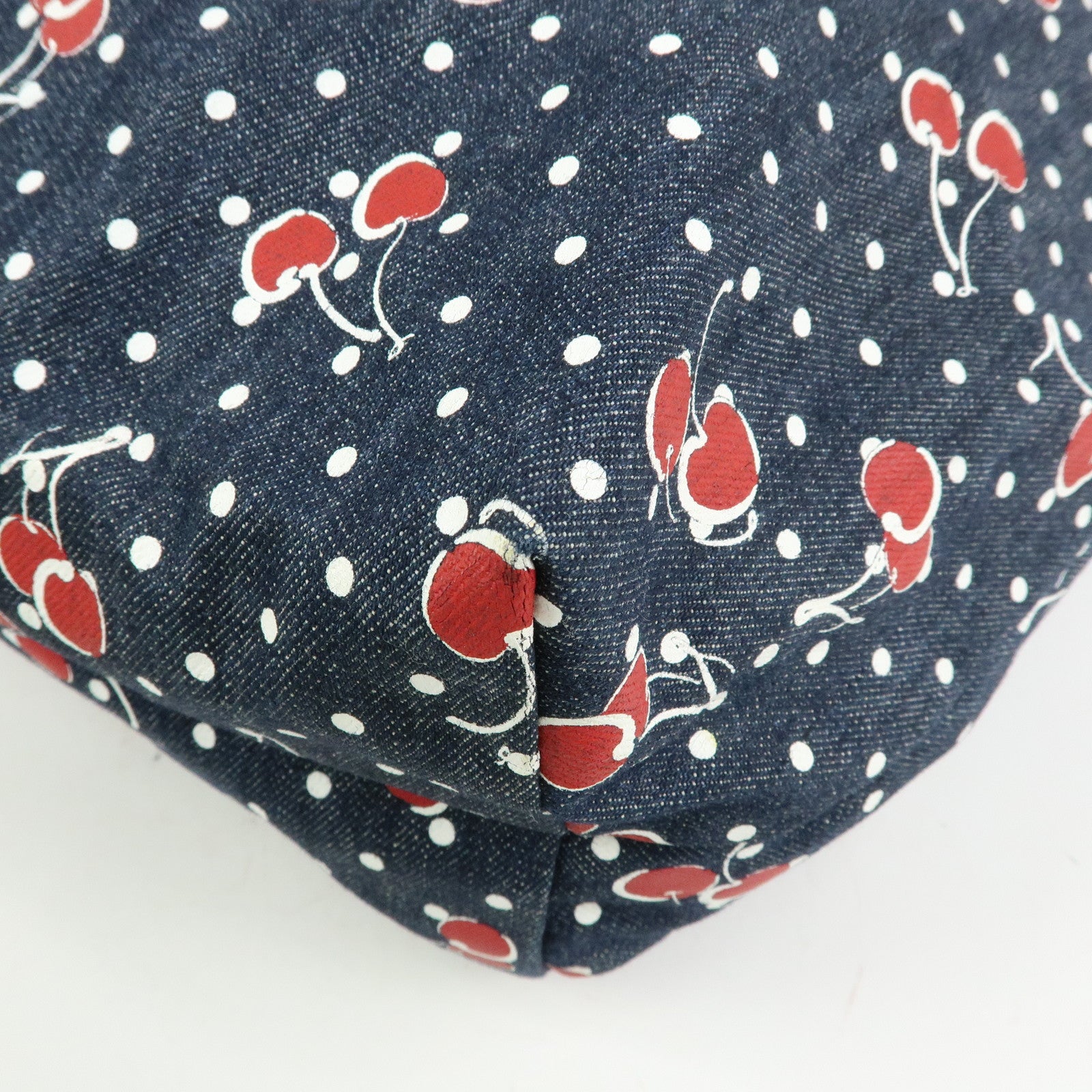 MIU MIU Denim 2Way Bag Tote Shoulder Bag Dots Cherry Print Blue 5BG108