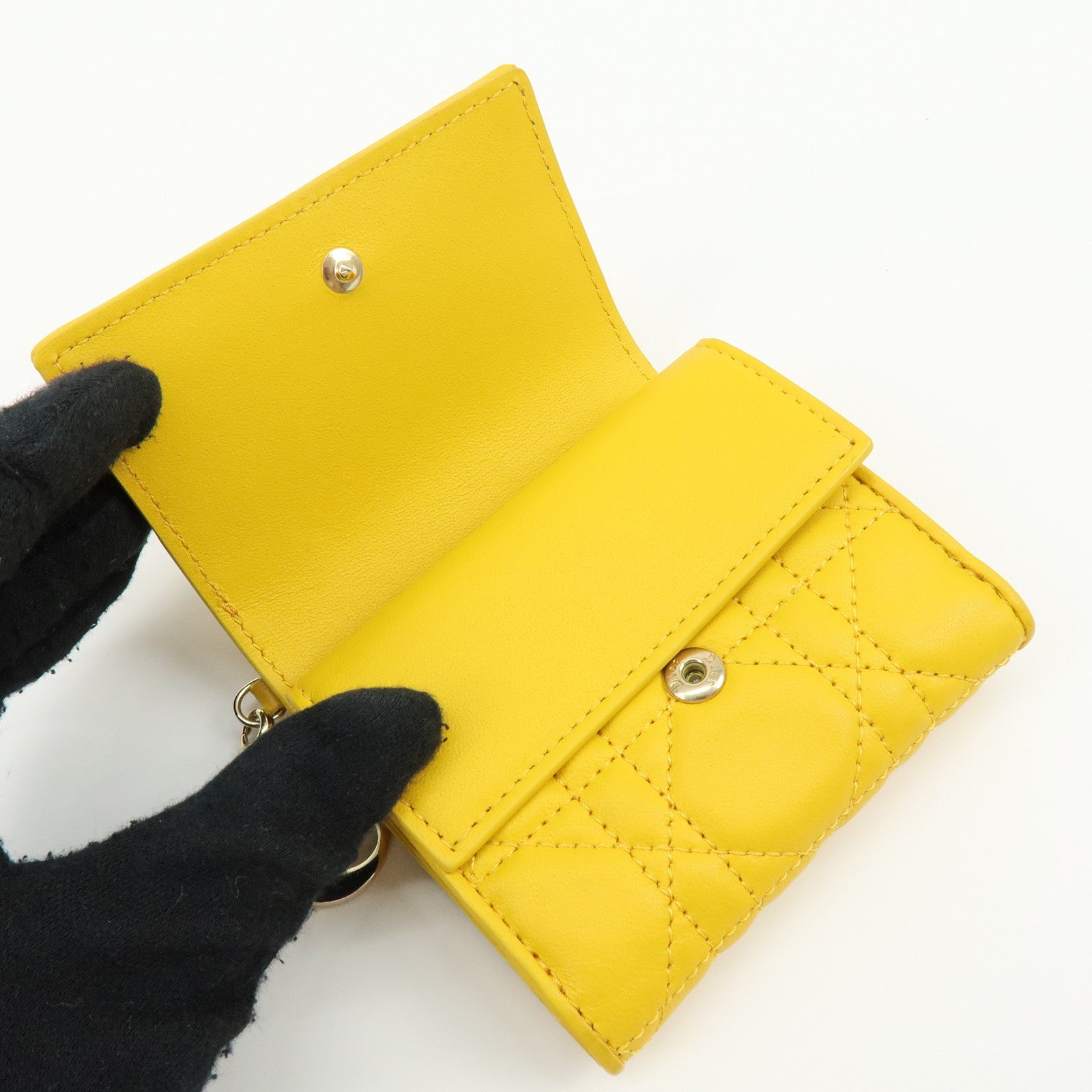 Christian Dior Lady Dior Cannage Leather Lotus Compact Wallet Yellow