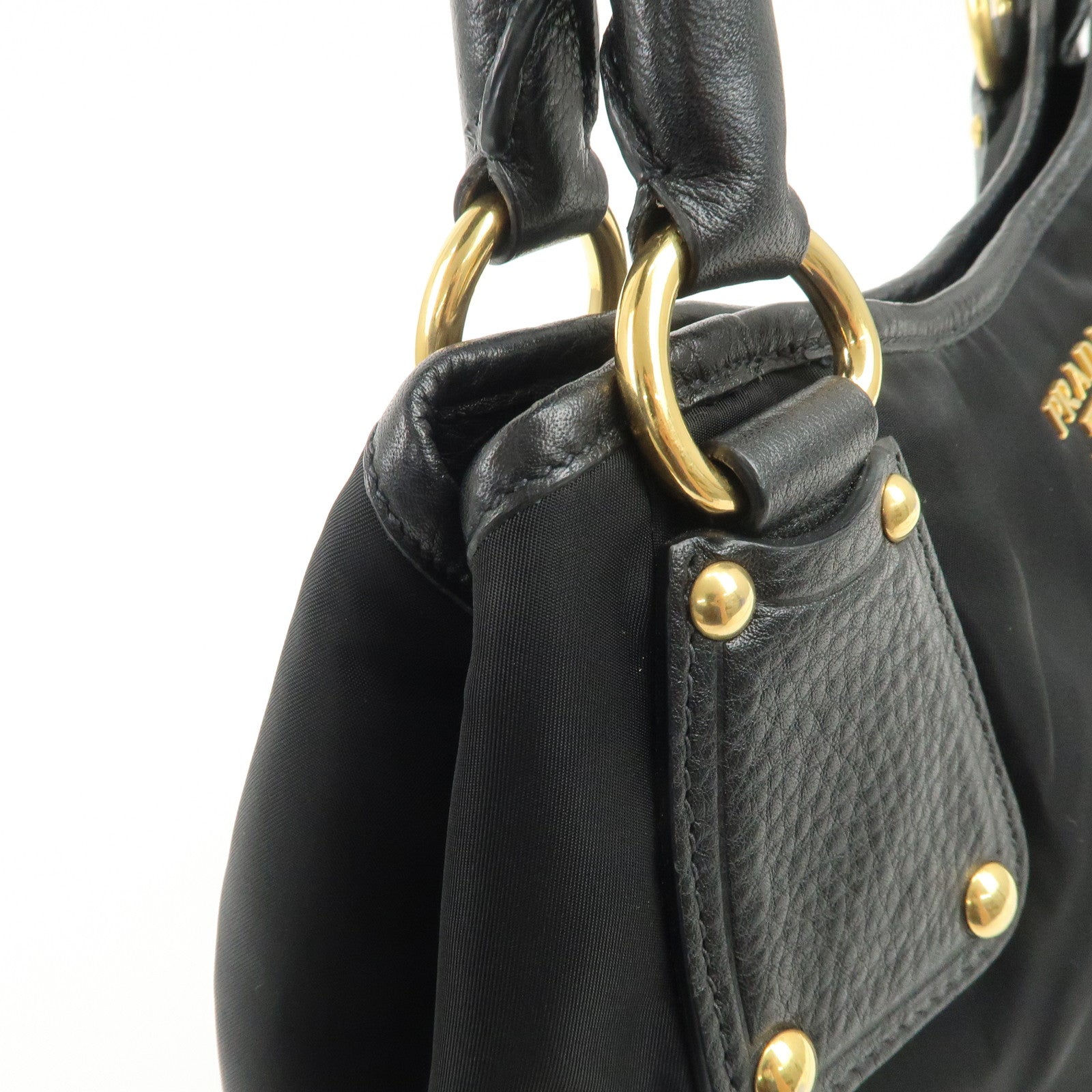 PRADA Nylon Leather Tote Bag Shoulder Bag Black Gold HDW BR4635 Used