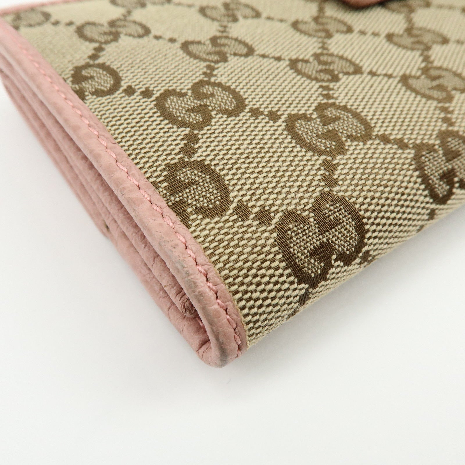 GUCCI GG Canvas Leather W Hook Bi-fold Long Wallet Beige Pink 231841