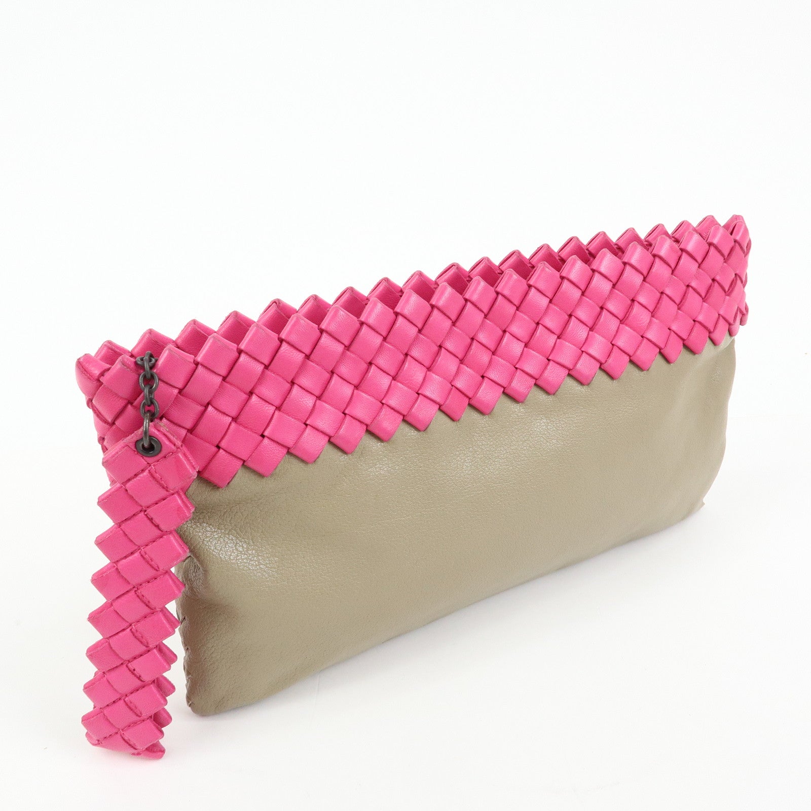 Bottega Veneta Intrecciato Leather Clutch Bag Flat Pouch Beige Pink