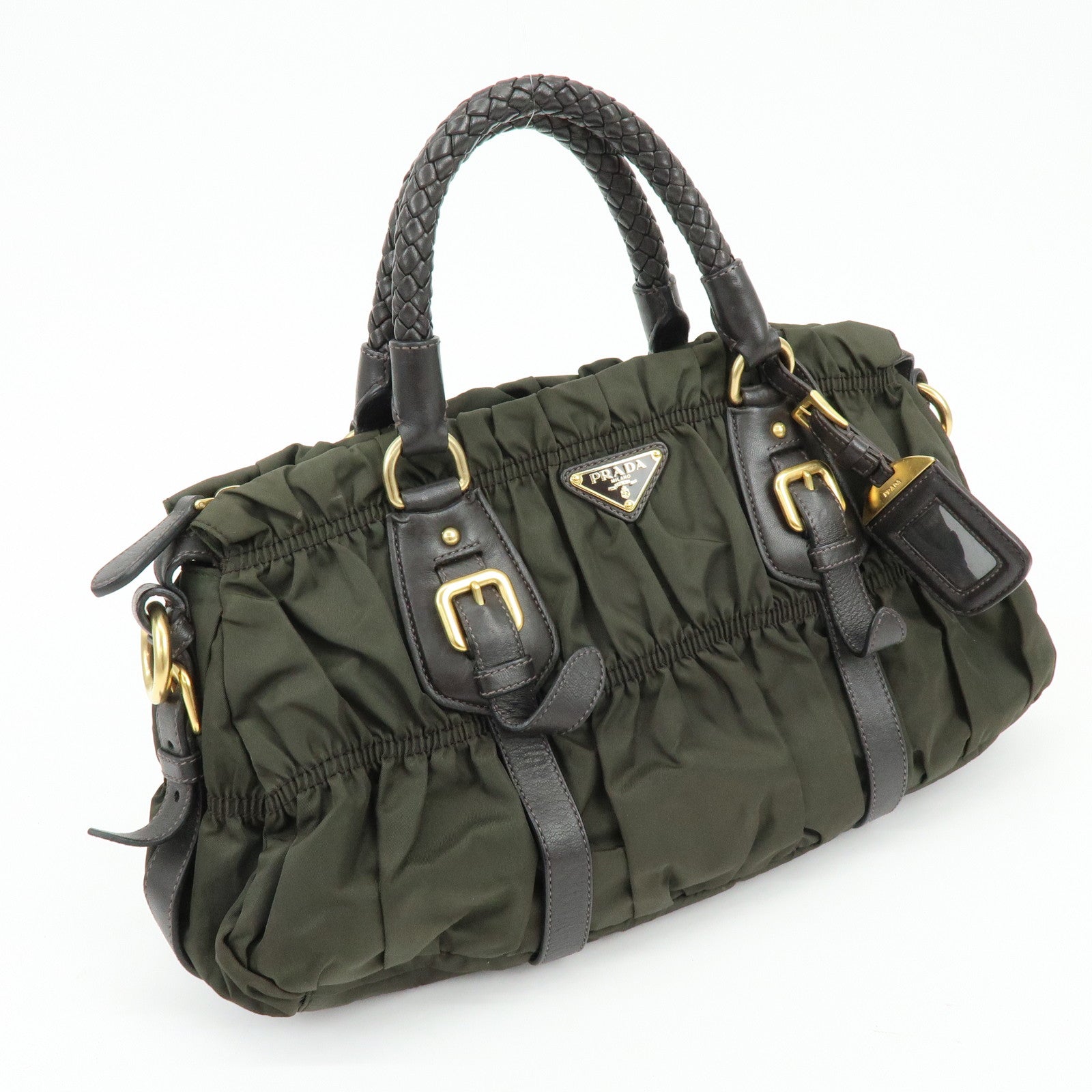 PRADA Triangle Logo Gathered Nylon Leather 2Way Bag Hand Bag BN1407