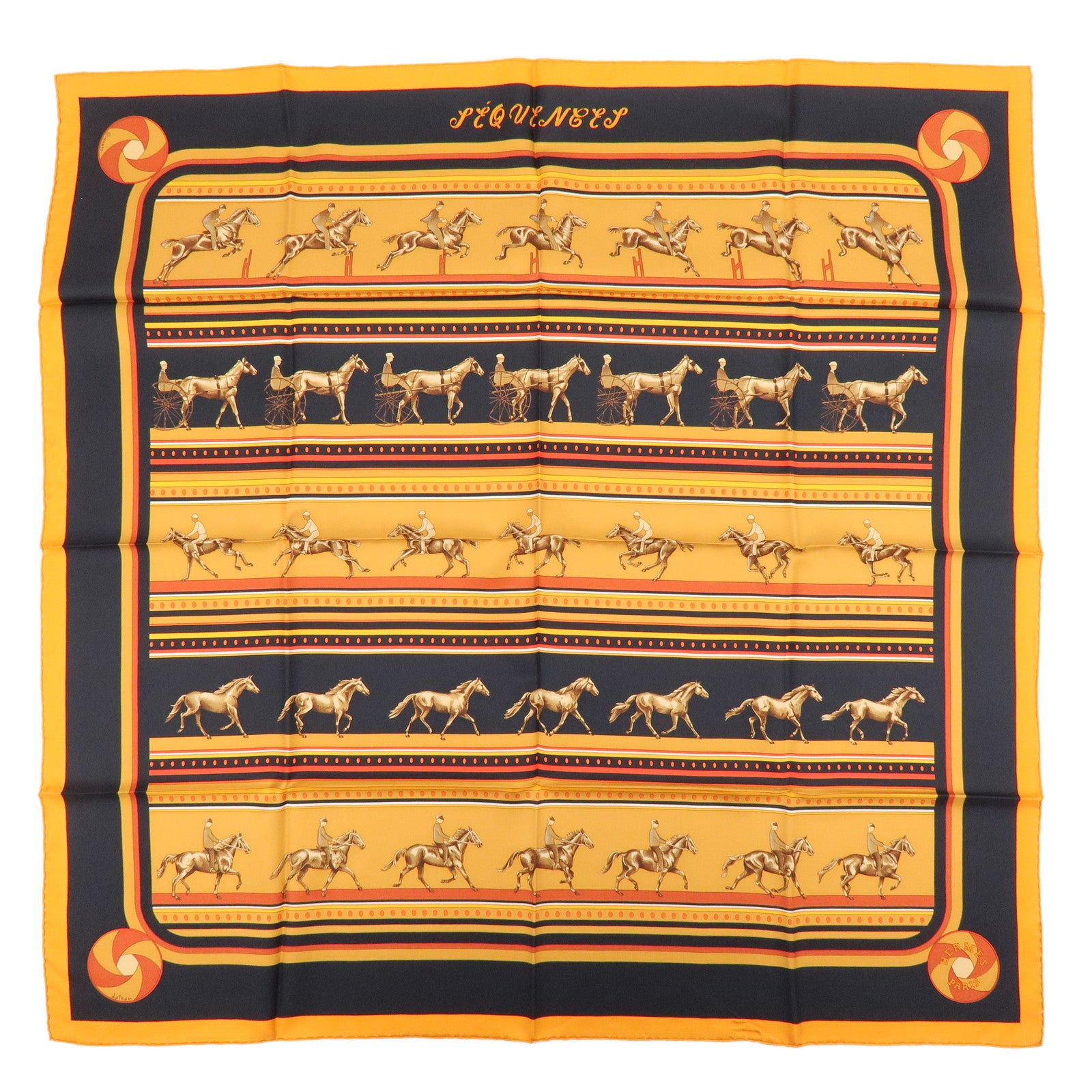 HERMES Carre 90 Silk 100% Scarf SEQUENCES Orange Black