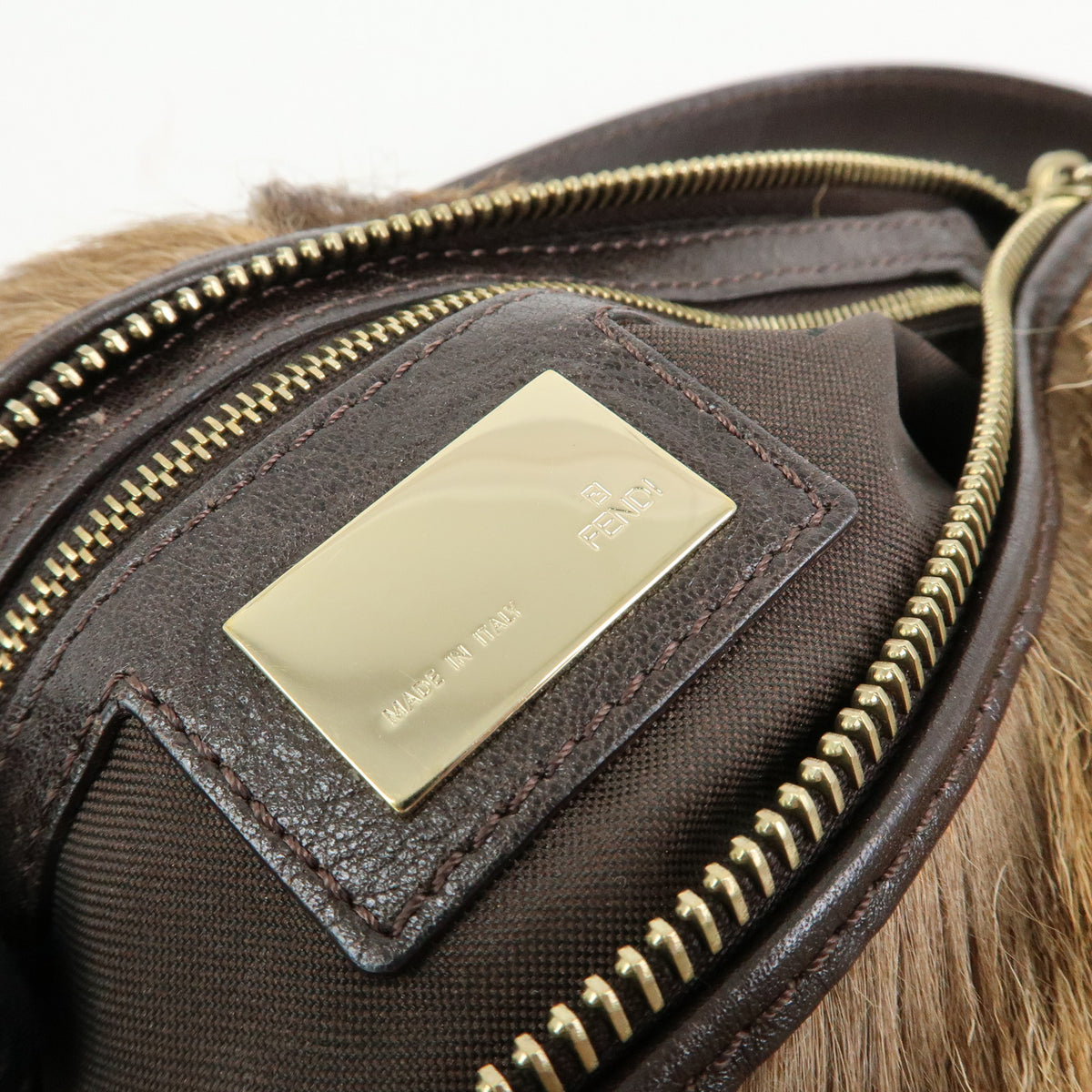 FENDI Fur Leather Shoulder Bag Hand Bag Brown 8BR349