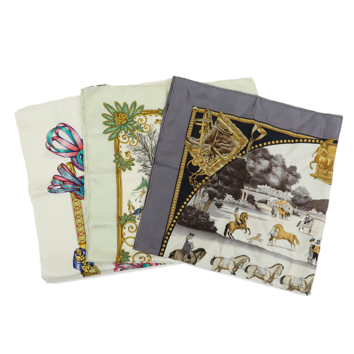 HERMES Carre 90 Lot of 3 Silk 100% Scarf Gray Ivory Light Green