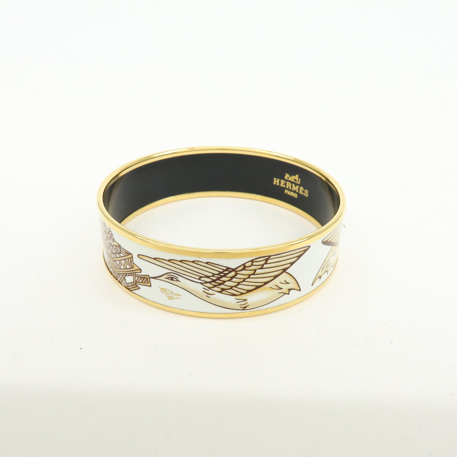 HERMES Email GM Gold Plated Bangle Bracelet Bird White Gold
