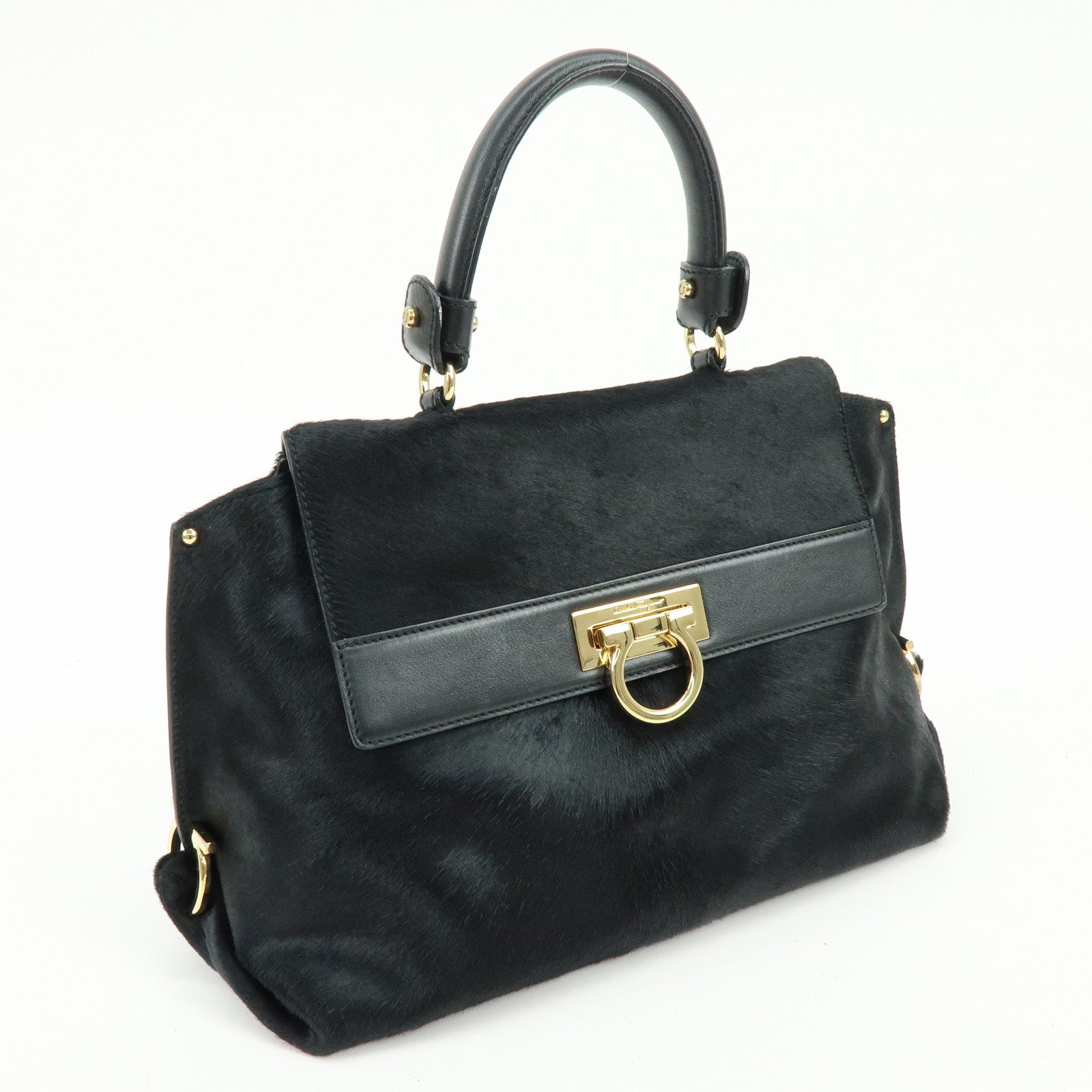 Ferragamo Gancini Unborn Calf Leather 2Way Bag Top Handle Bag Black