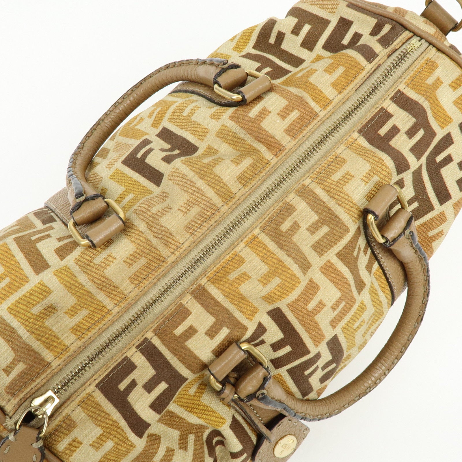 FENDI Zucca Seleria Canvas Leather 2Way Bag Shoulder Bag Brown Beige