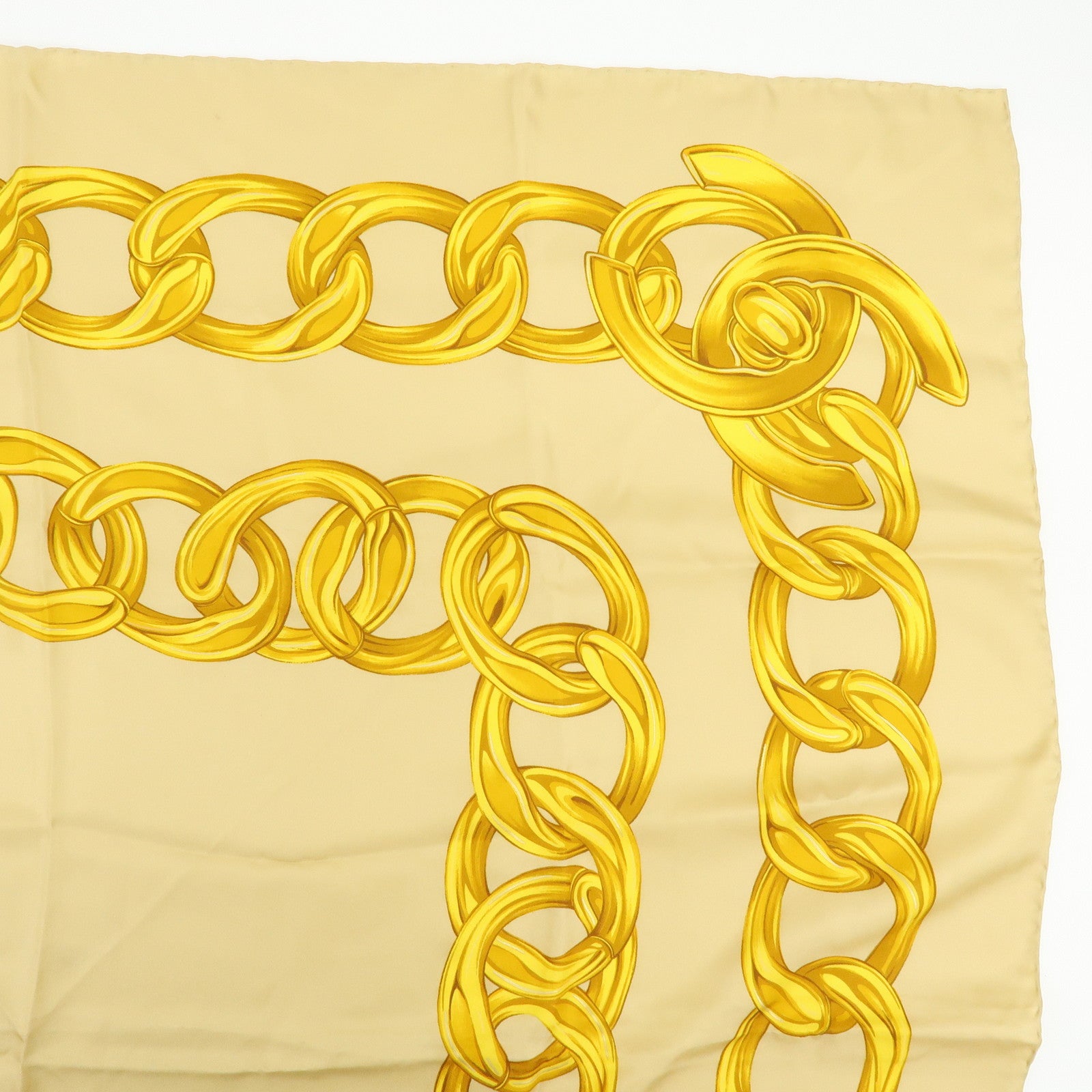 CHANEL Silk 100% Scarf Gold Chian Motif Beige Gold