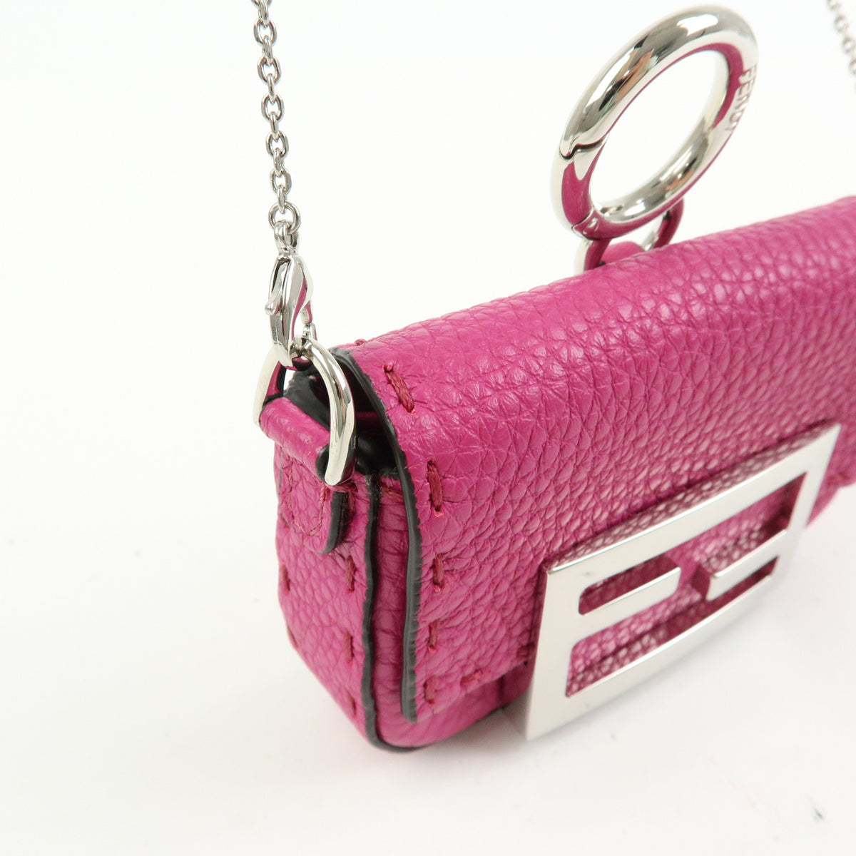 FENDI Nano Baguette Leather Mini Chain Shoulder Bag Charm Pink 7AS045