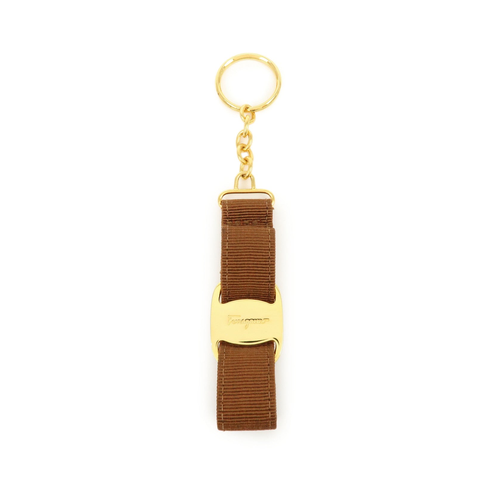 Ferragamo Varra Ribbon Canvas Metal Bag Charm Key holder Brown