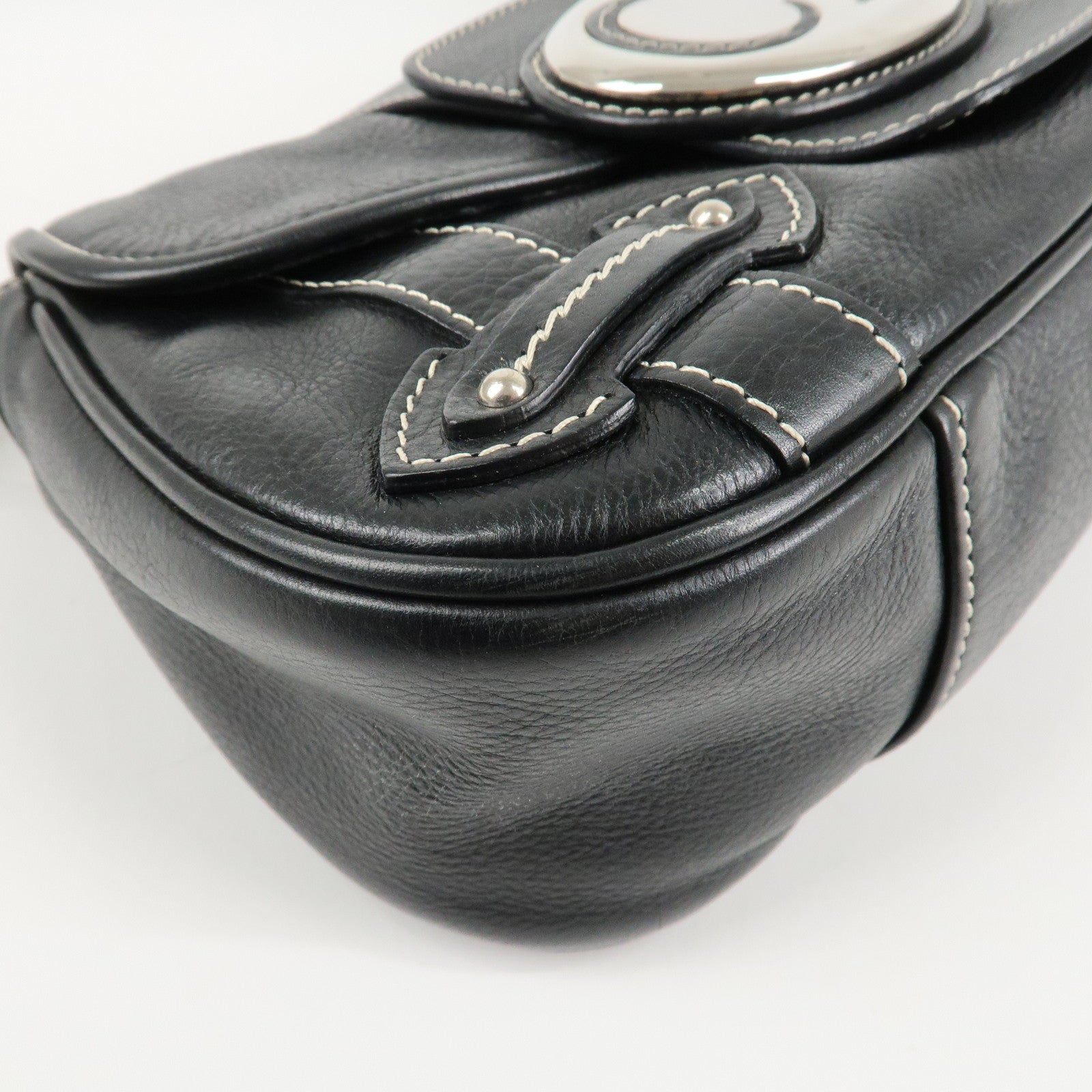 Christian Dior CD Logo Leather Shoulder Bag Hand Bag Black Used