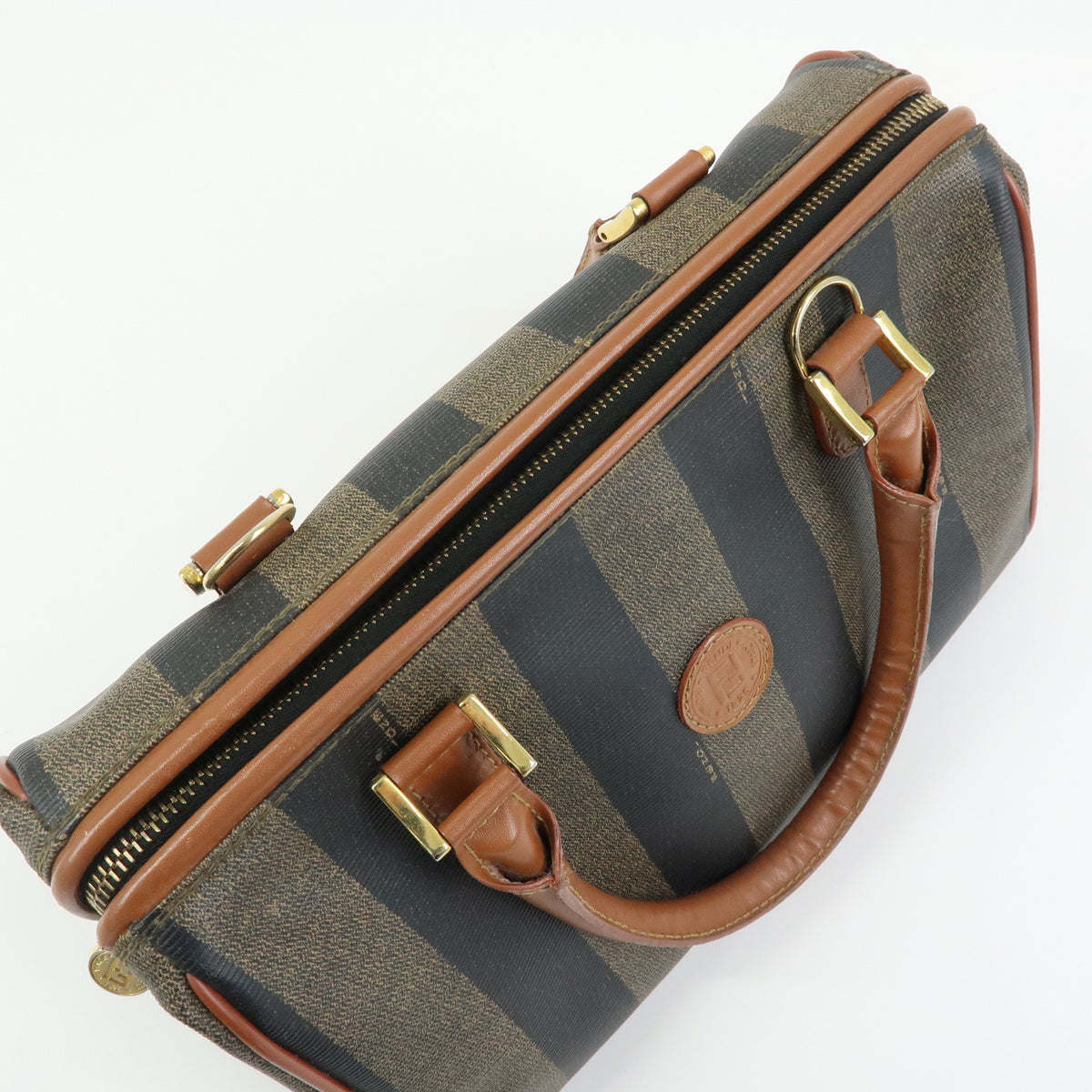 FENDI Pequin PVC Leather Boston Bag Hand Bag Brown Beige Black