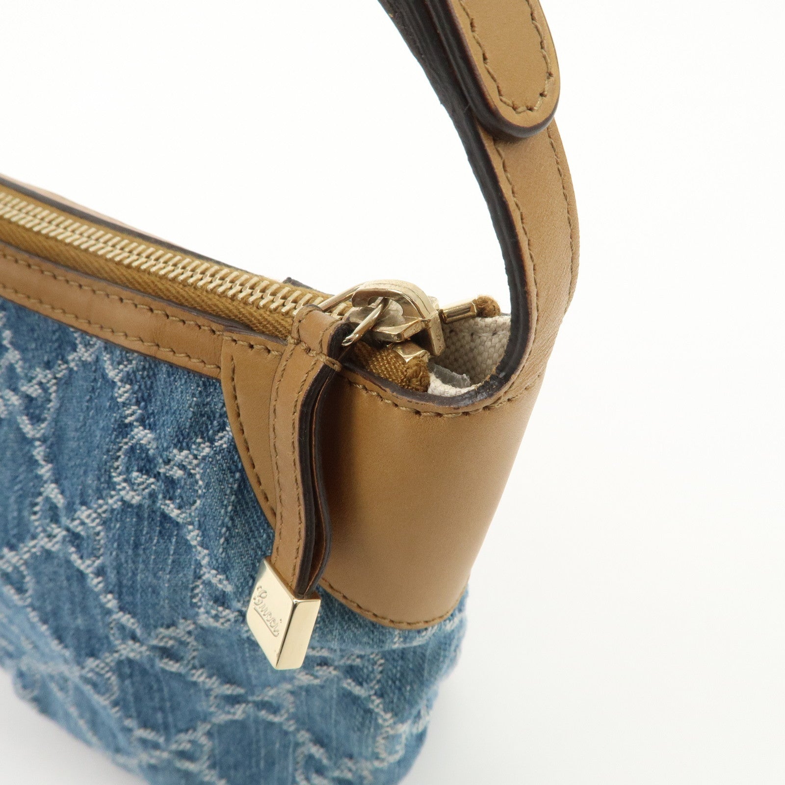GUCCI GG Denim Leather Accessory Pouch Hand Bag Blue Brown 224093 Used