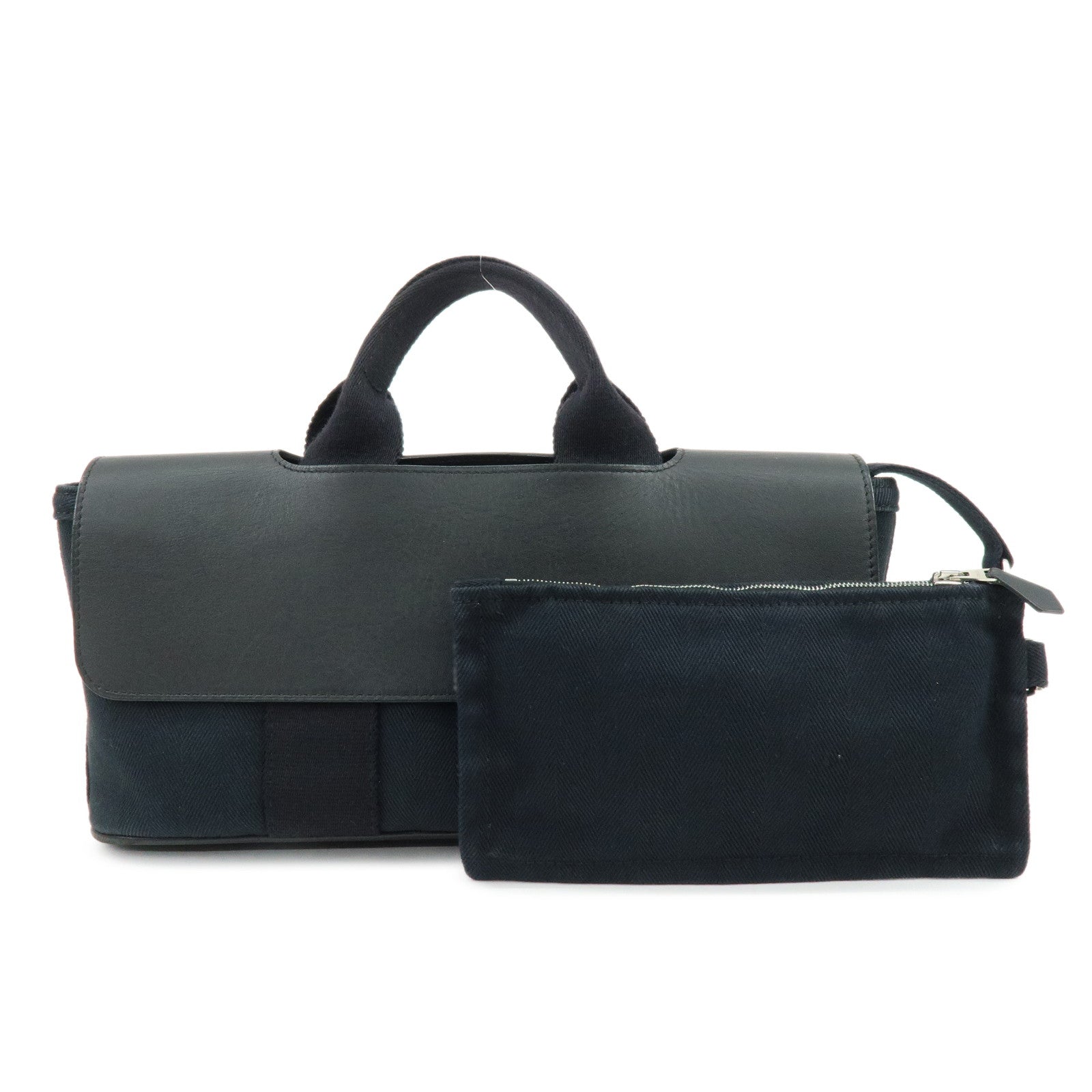HERMES Valparaiso Long PM Toile Chevron Leather Hand Bag Black