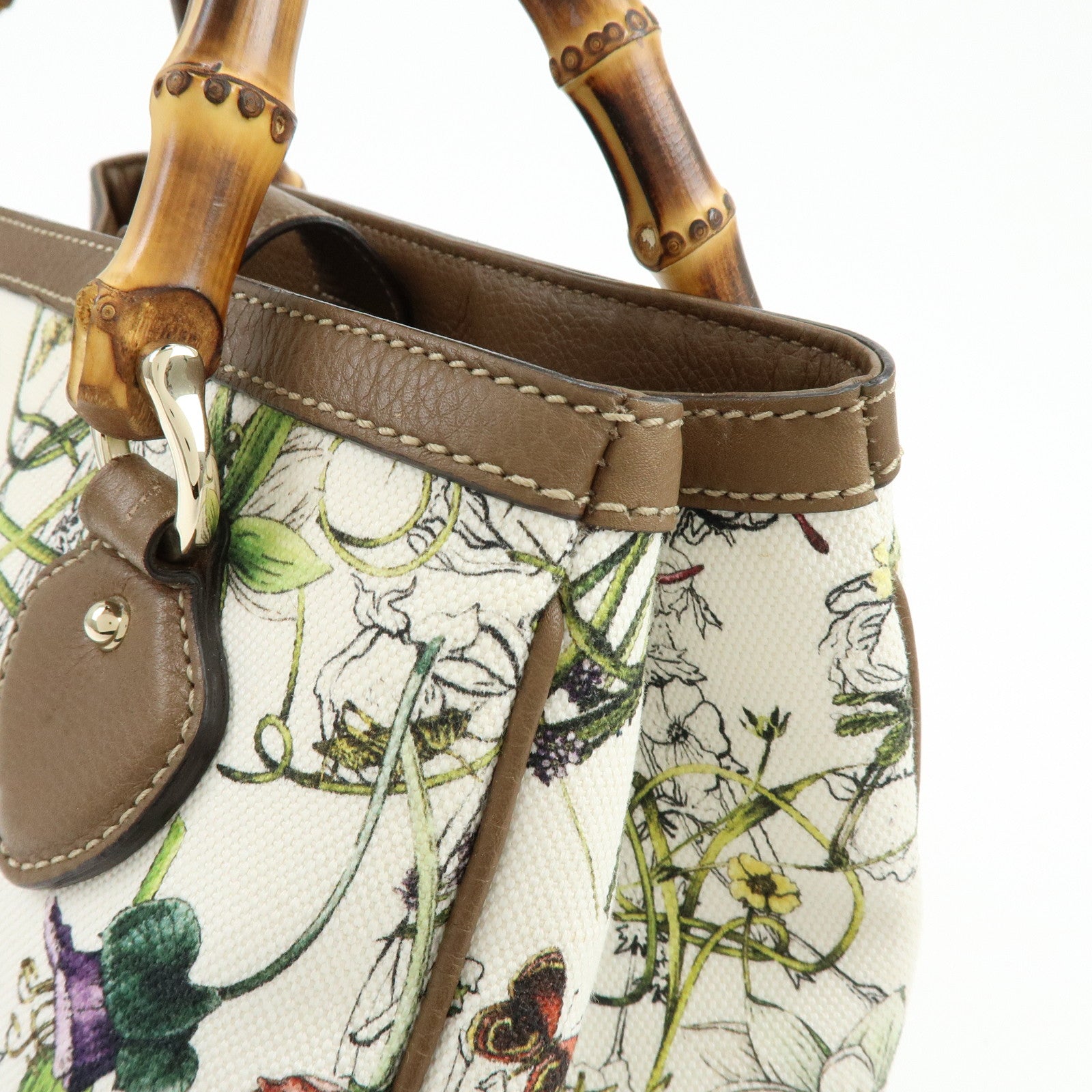 GUCCI Bamboo Canvas Leather 2Way Hand Bag Flower Print Brown 308360