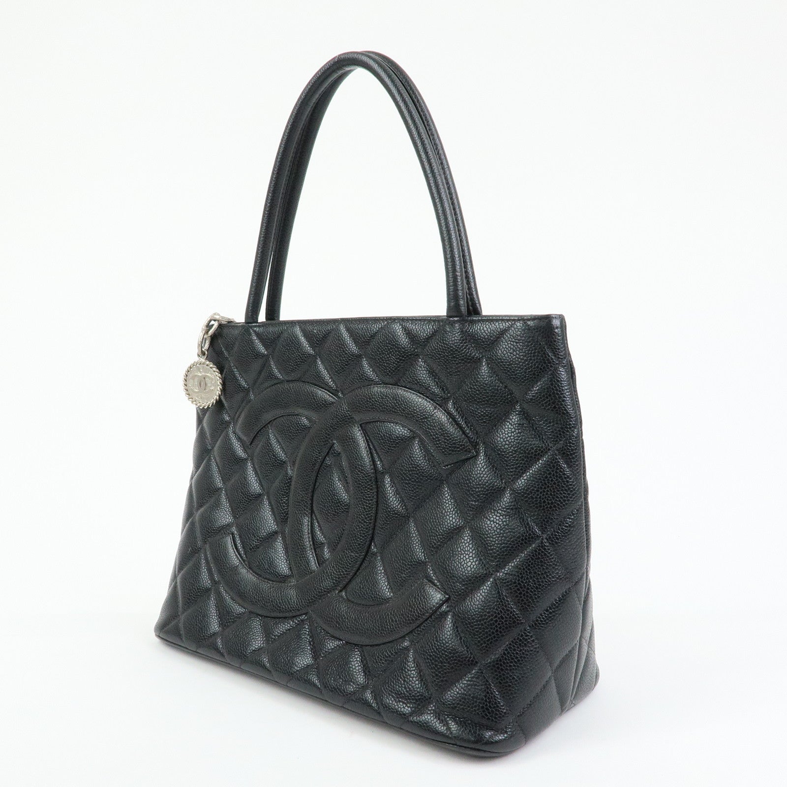 CHANEL Matelasse COCO Mark Caviarskin Medallion Tote Bag Black A01804