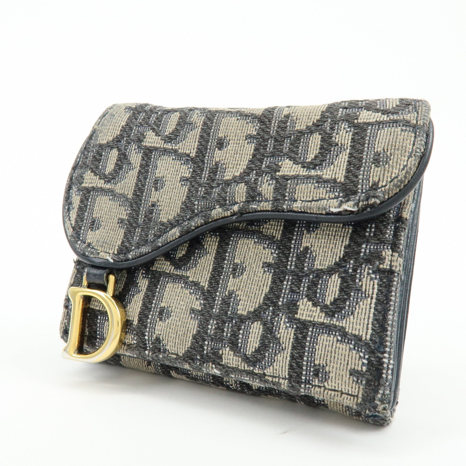 Christian Dior Saddle Oblique Jaquard Leather Tri-fold Wallet Navy