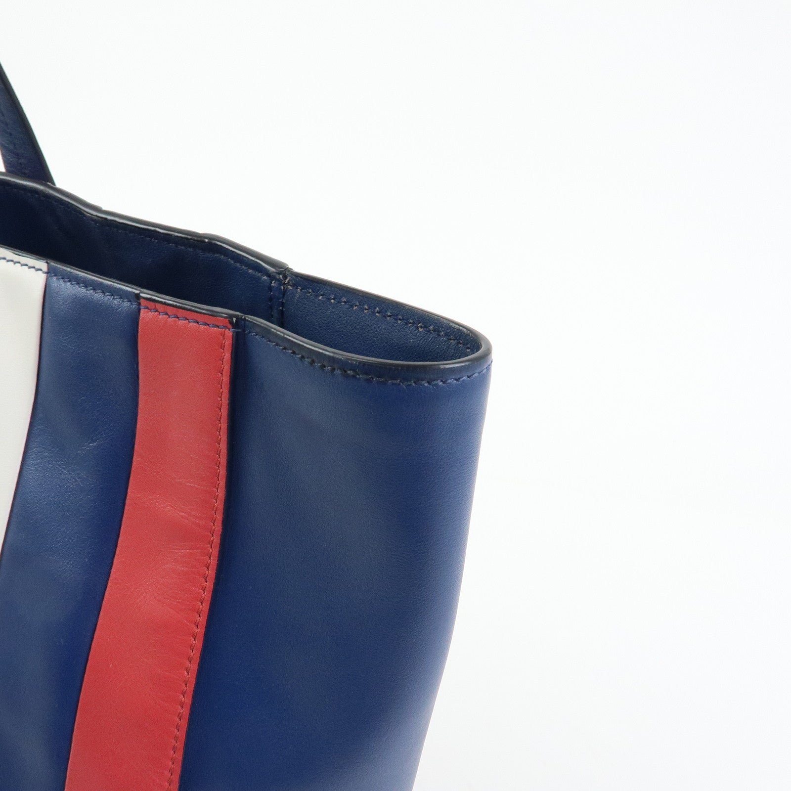 PRADA Triangle Logo Leather Tote Bag Shoulder Bag Blue White Red