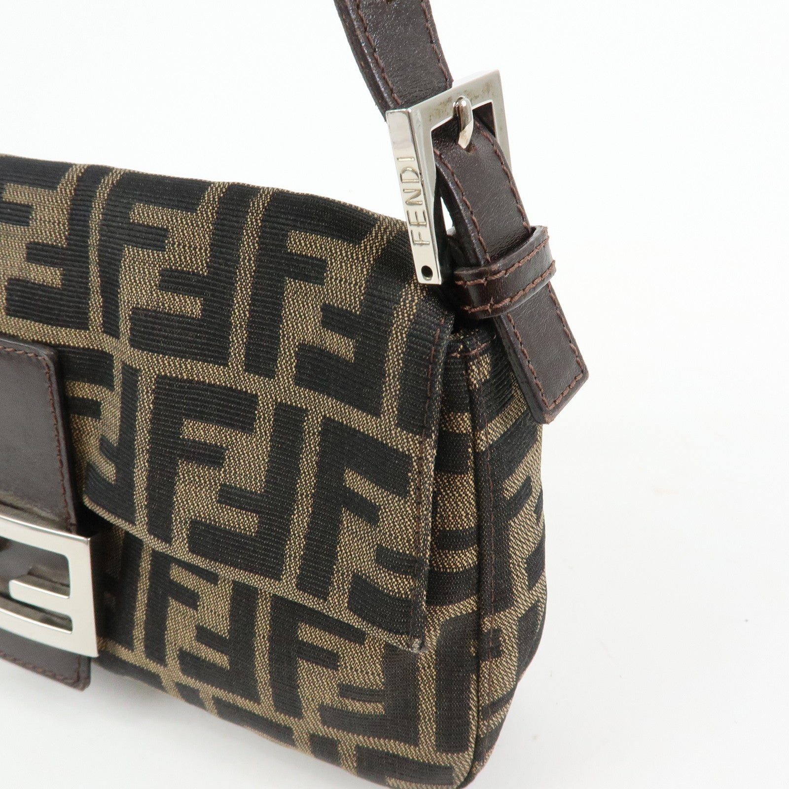 FENDI Mamma Baguette Zucca Canvas Leather Shoulder Bag Brown 26424