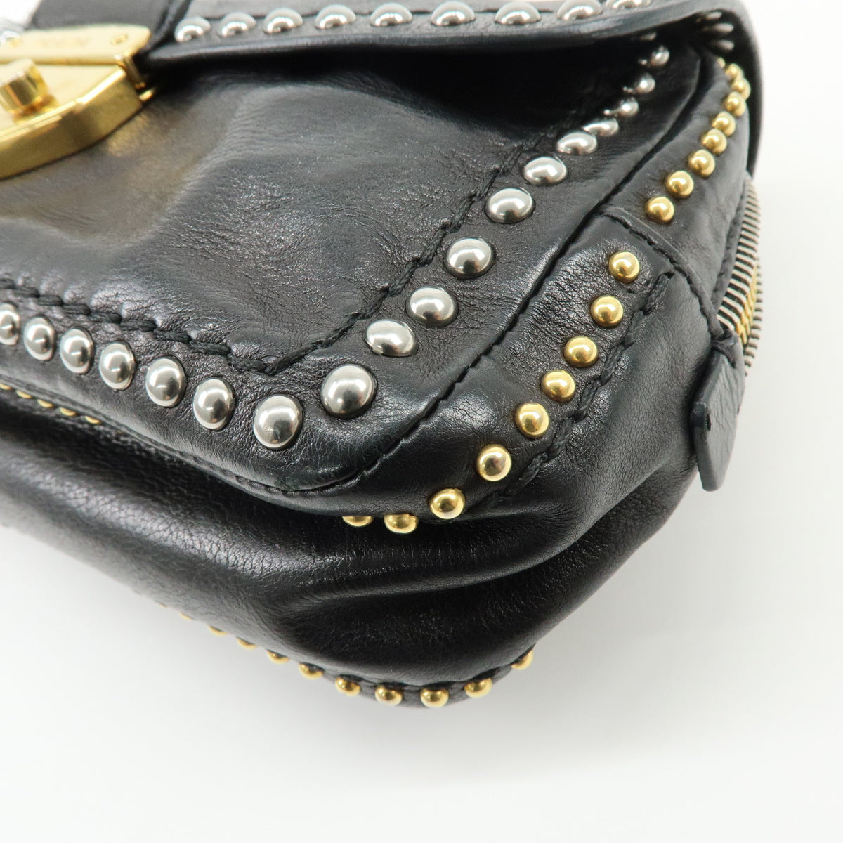 PRADA Leather Chain Shoulder Bag Studded Black Gold Silver BR4588