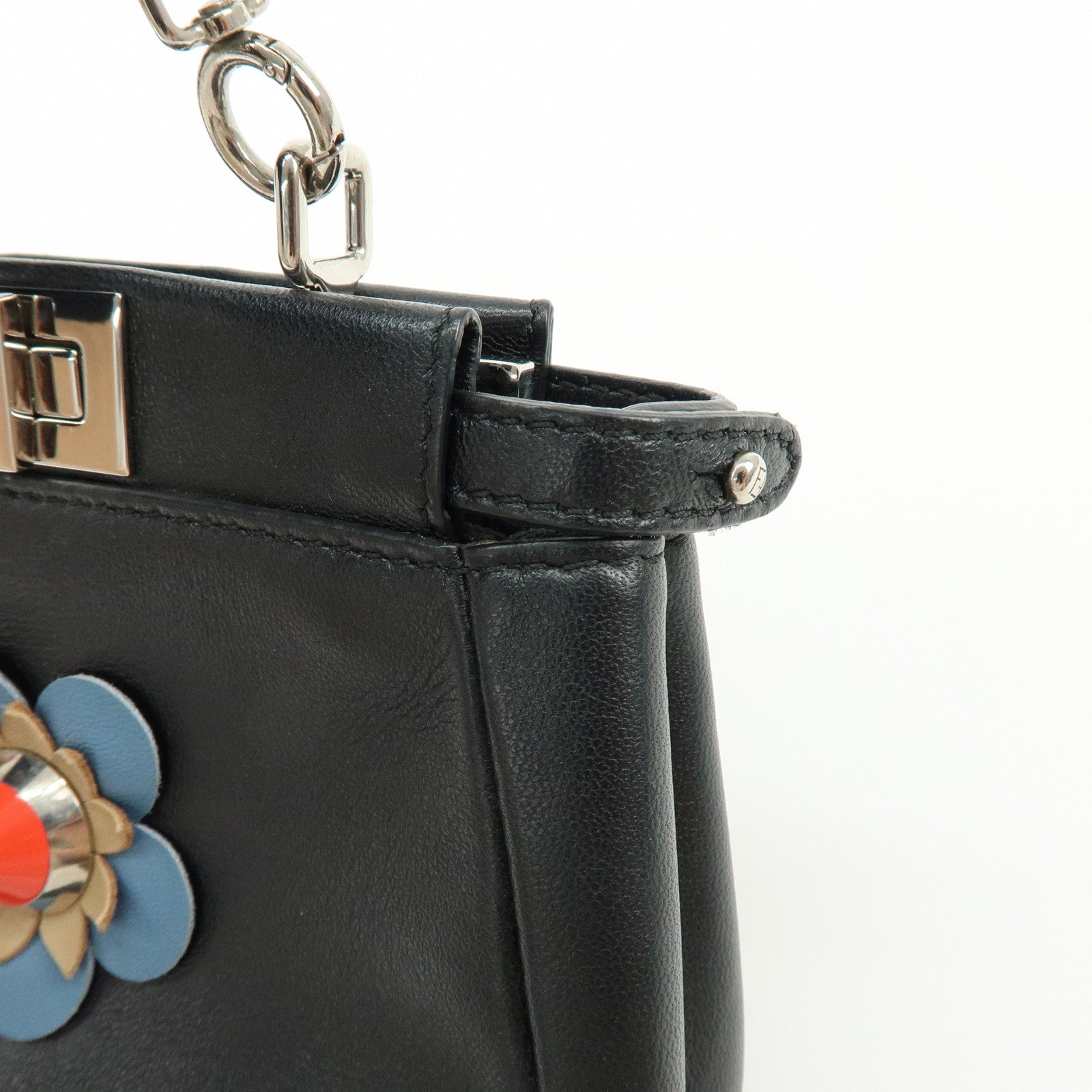 FENDI Micro Peekaboo Leather Flower Motif 2Way Hand Bag Black 8M0355