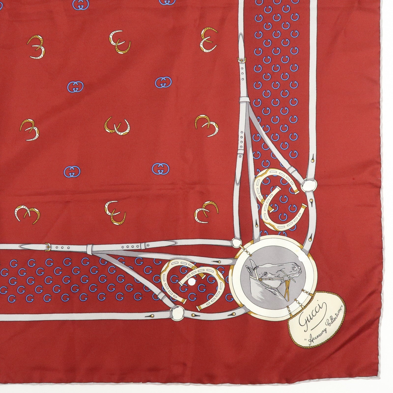 GUCCI Silk 100% Double G Horseshoe Scarf Bordeaux White Blue