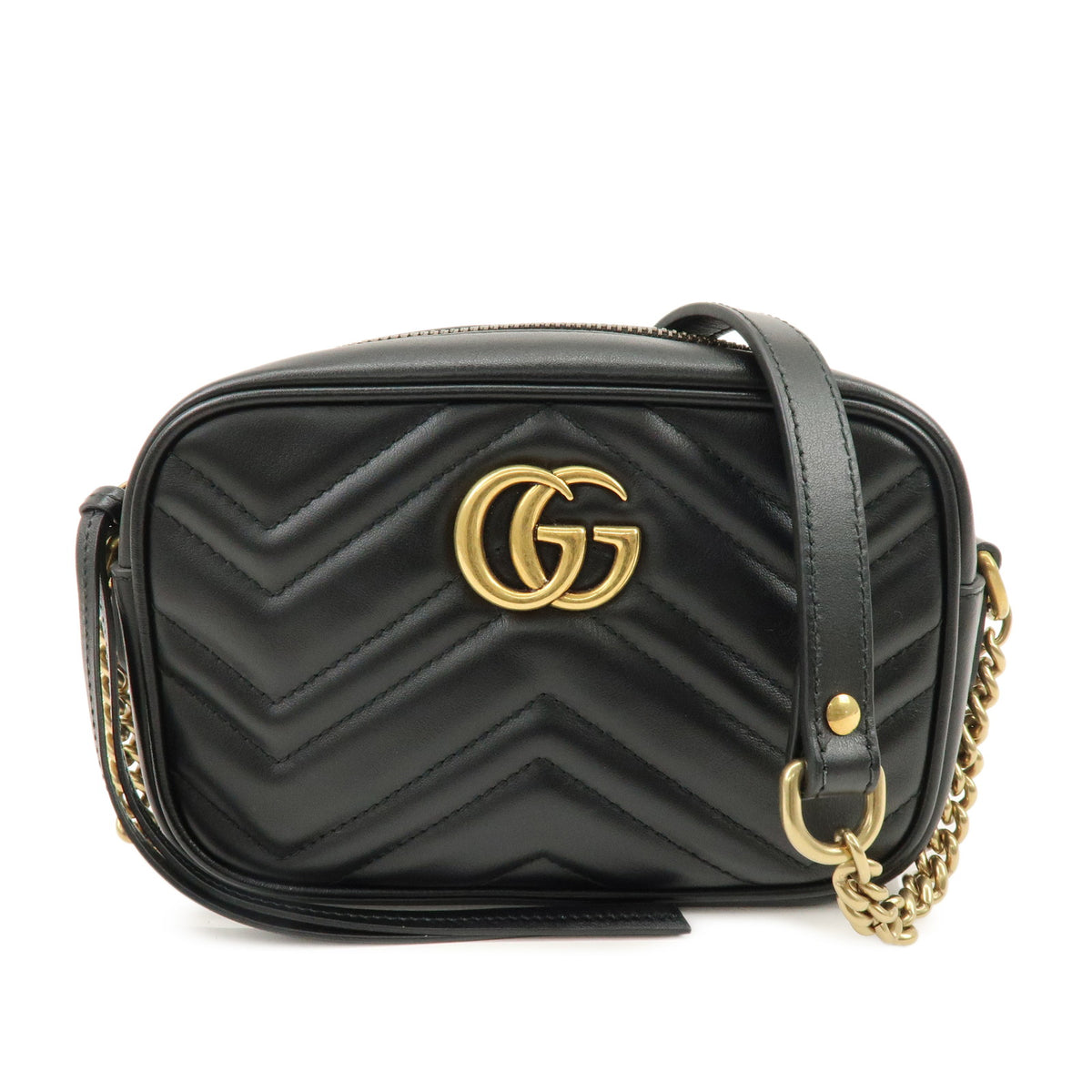 GUCCI GG Marmont Double G Shevron Leather Shoulder Bag Black 448065