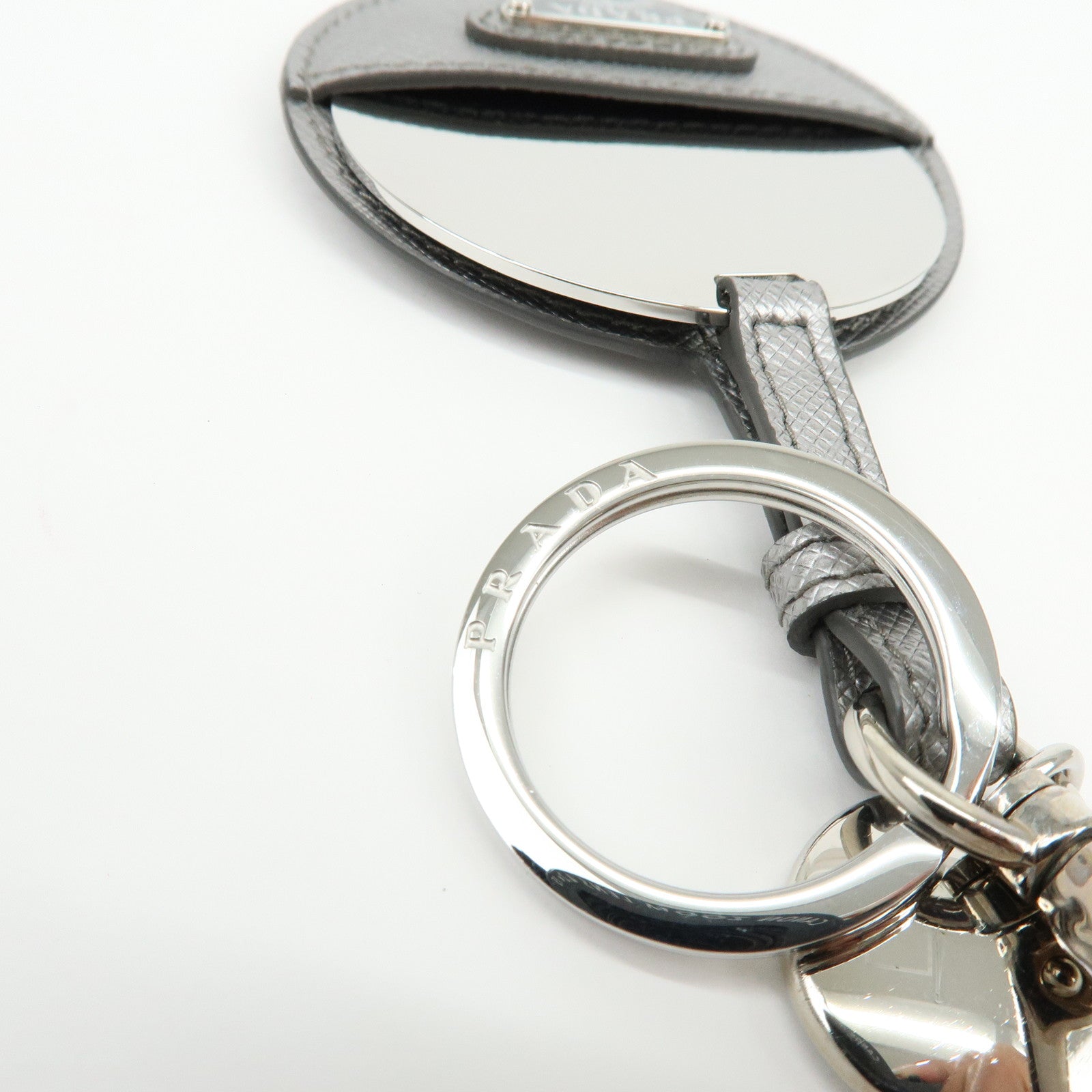 PRADA Triangle Logo Saffiano Leather Bag Charm Key Holder Silver 1TL489