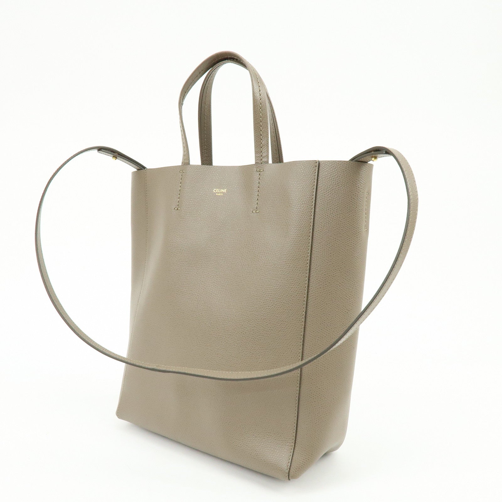 CELINE Vertical Cabas Leather 2Way Hand Bag Shouder Bag Greige