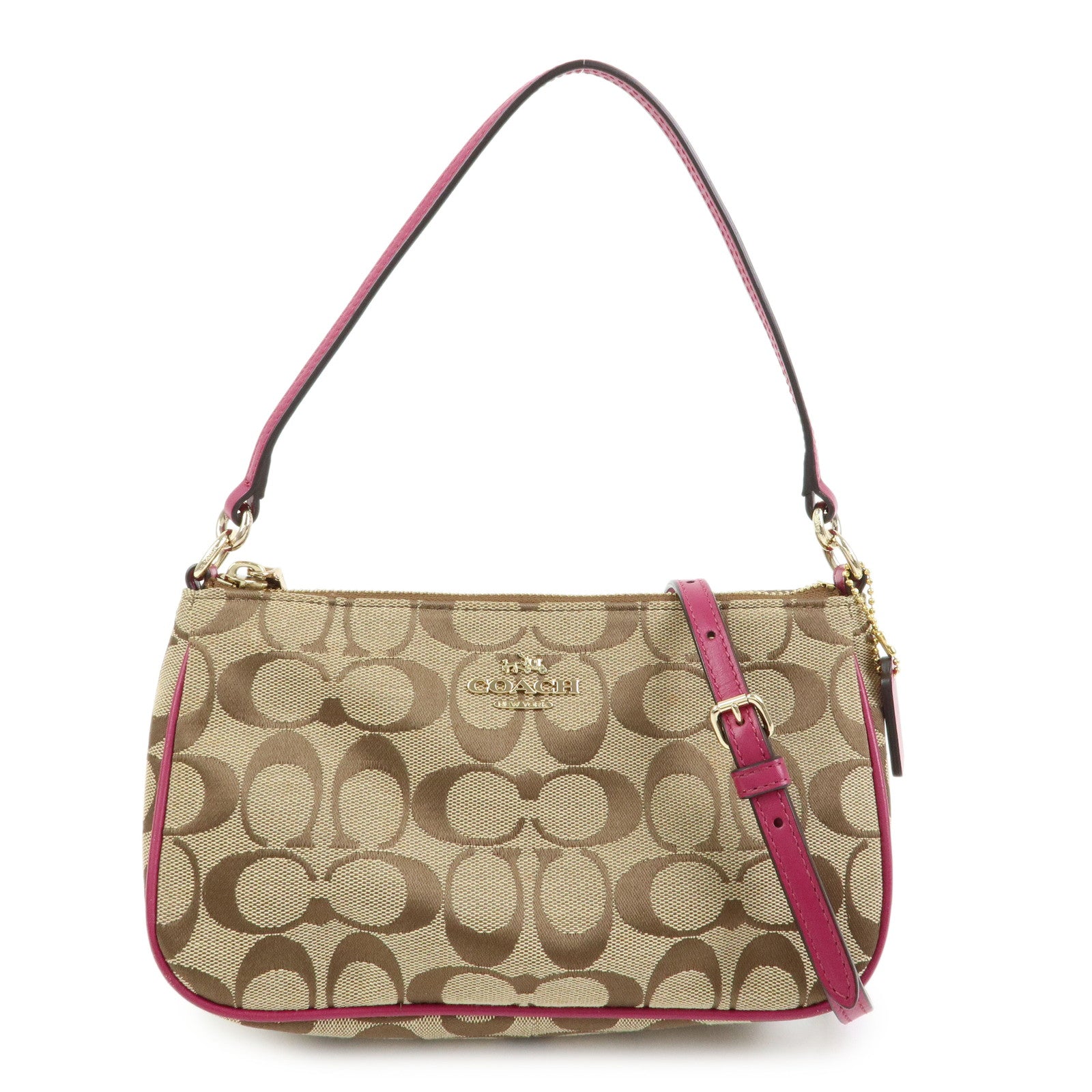 COACH Signature Canvas Leather 2Way Shoulder Bag Hand Bag Beige Pink