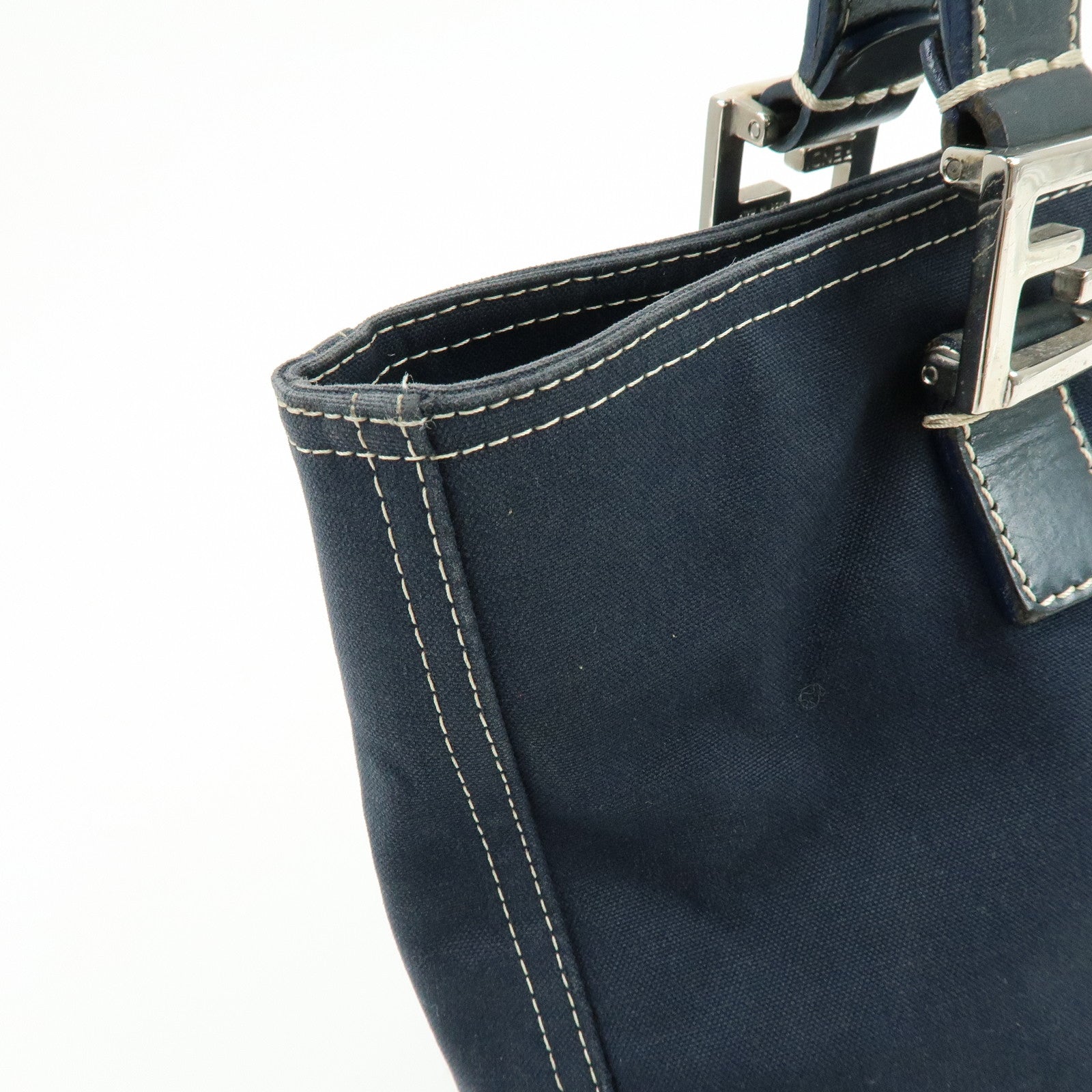 FENDI Canvas Leather Tote Bag Hand Bag White Stitch Navy 26693