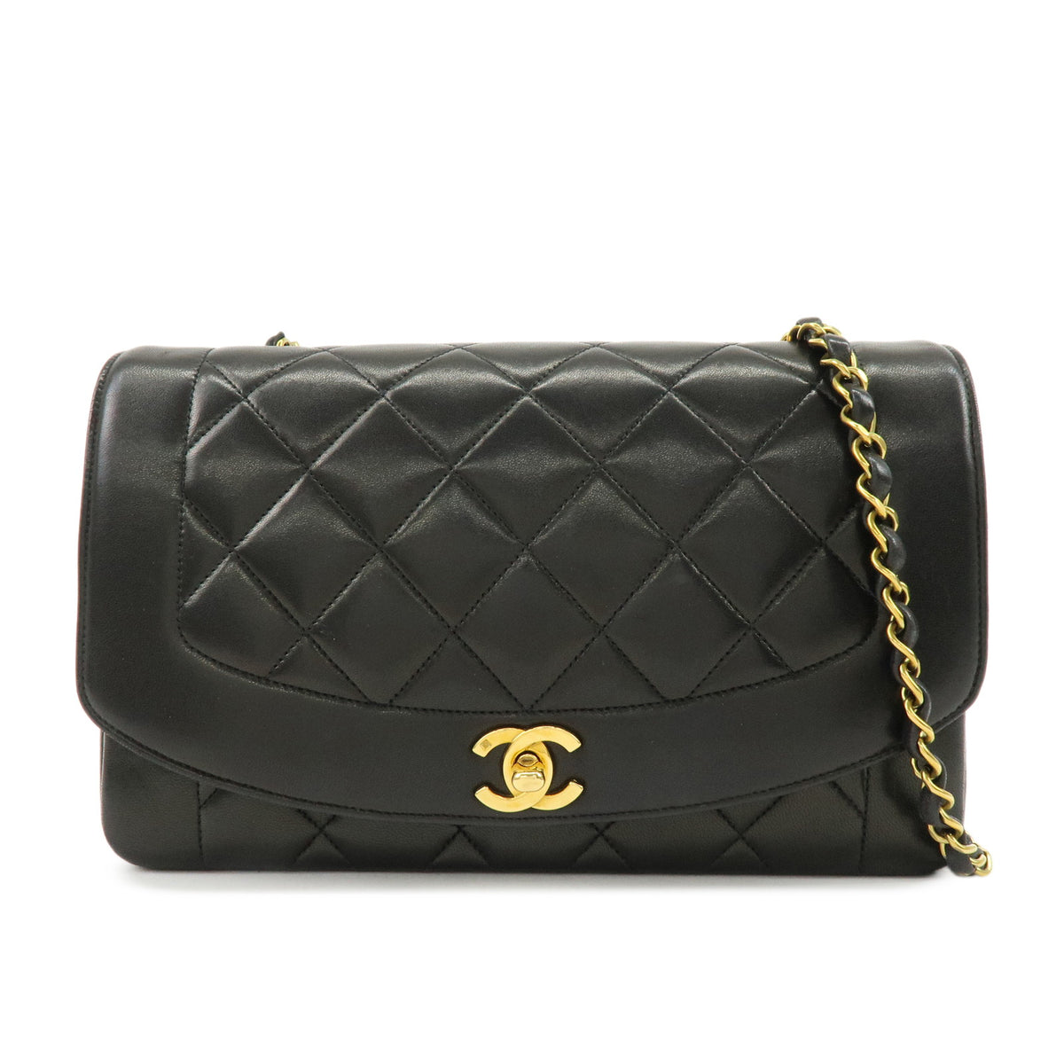 CHANEL Matelasse Diana 25 Lamb Skin Chain Shoulder Bag Black A01165
