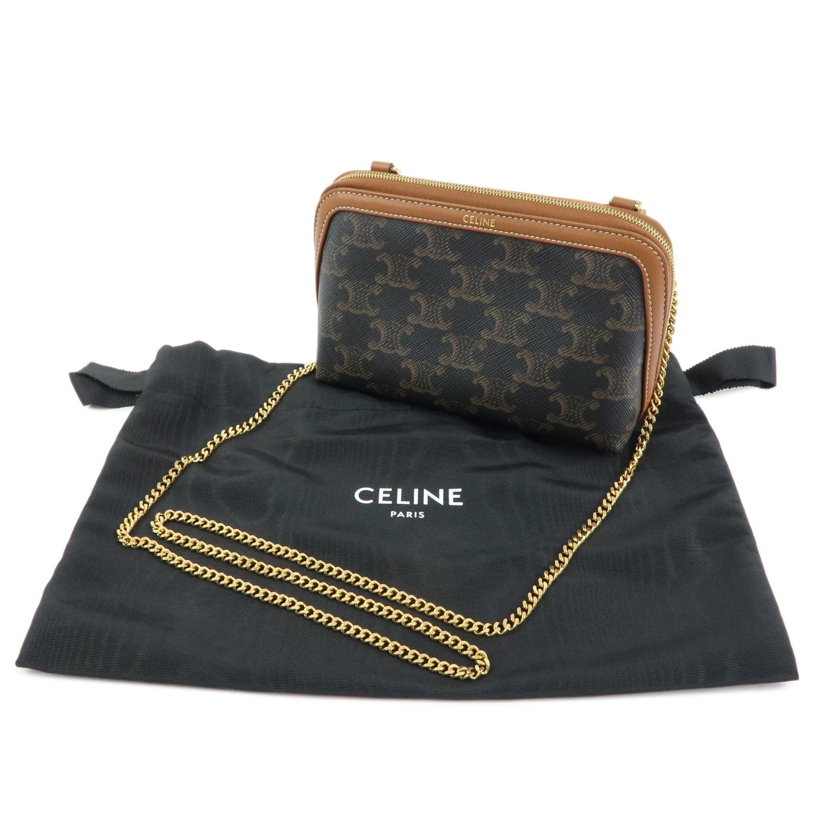 CELINE Triomphe Macadam PVC Lamb Skin Chain Clutch Bag Cosmetic Pouch