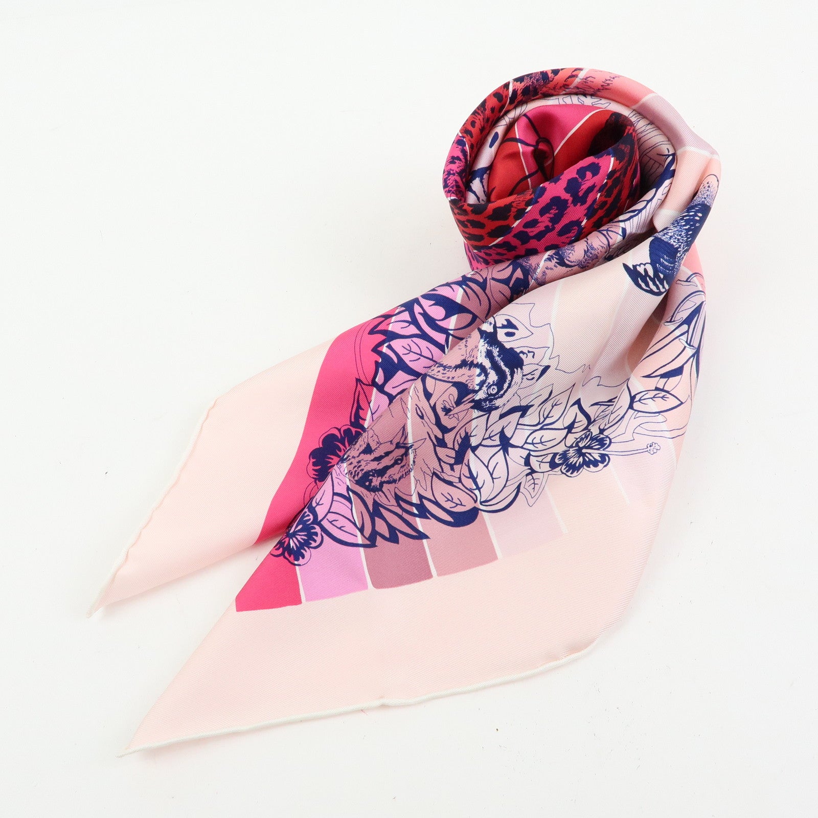 HERMES Carre 90 Silk 100% Scarf JUNGLE LOVE Stripe Pink Red Purple